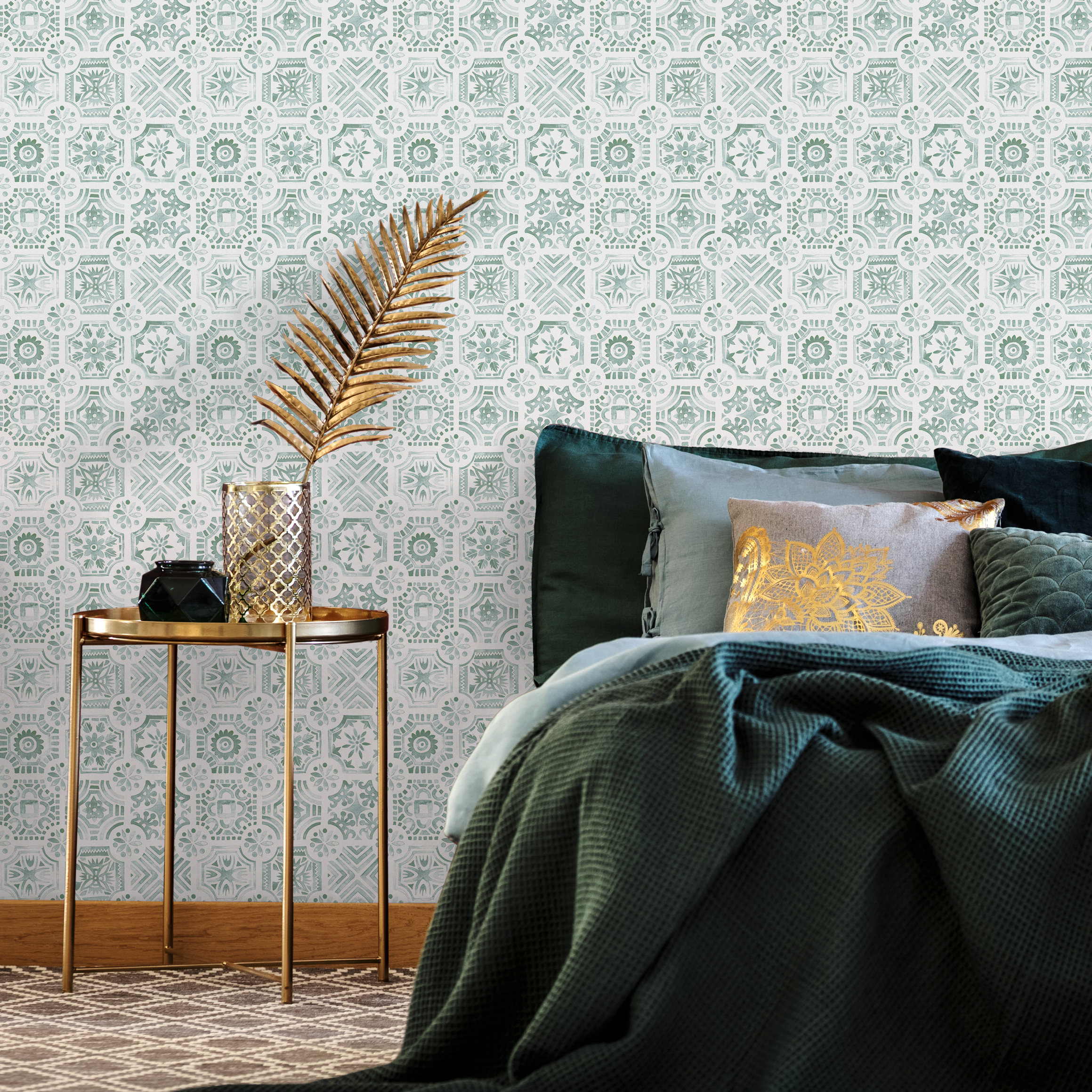 Tile Wallpaper With A Watercolor Mediterranean Motif In Green And Gray - D534