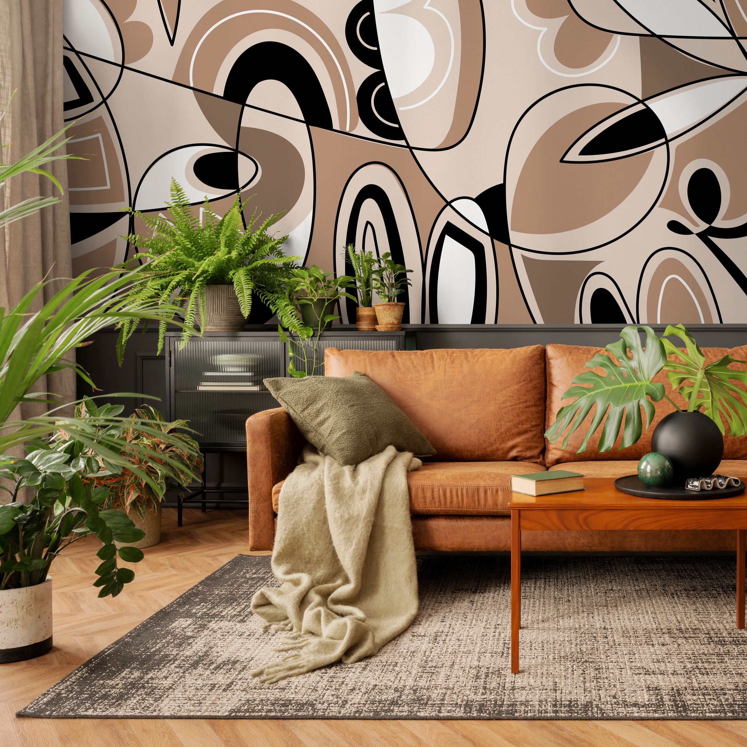 Abstract Wallpaper With Modern Cubist Line Art In Brown, Black, And Cream - D559