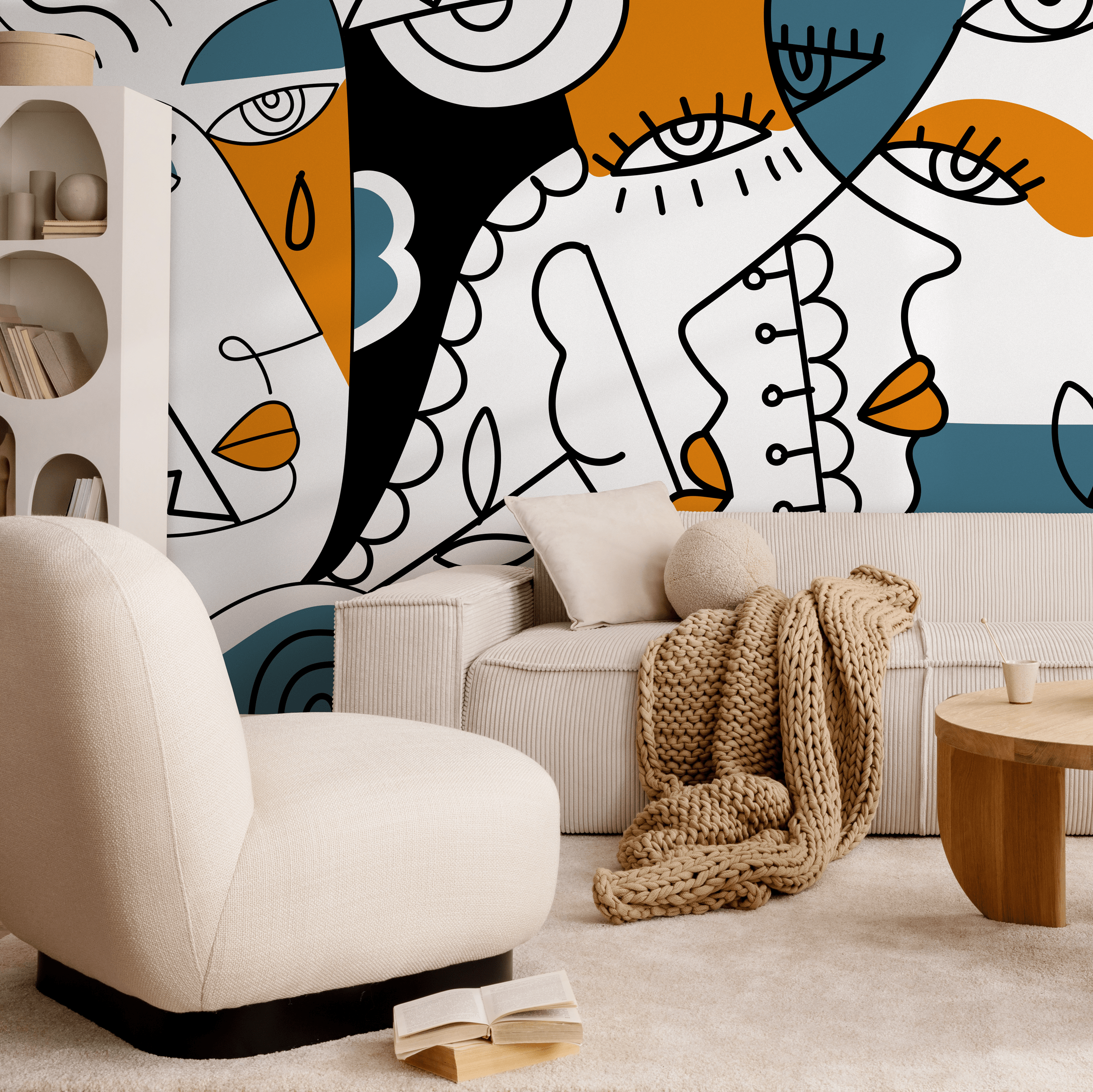 Abstract Wallpaper Featuring Modern Cubist Faces In Orange, Blue, And Black - D565