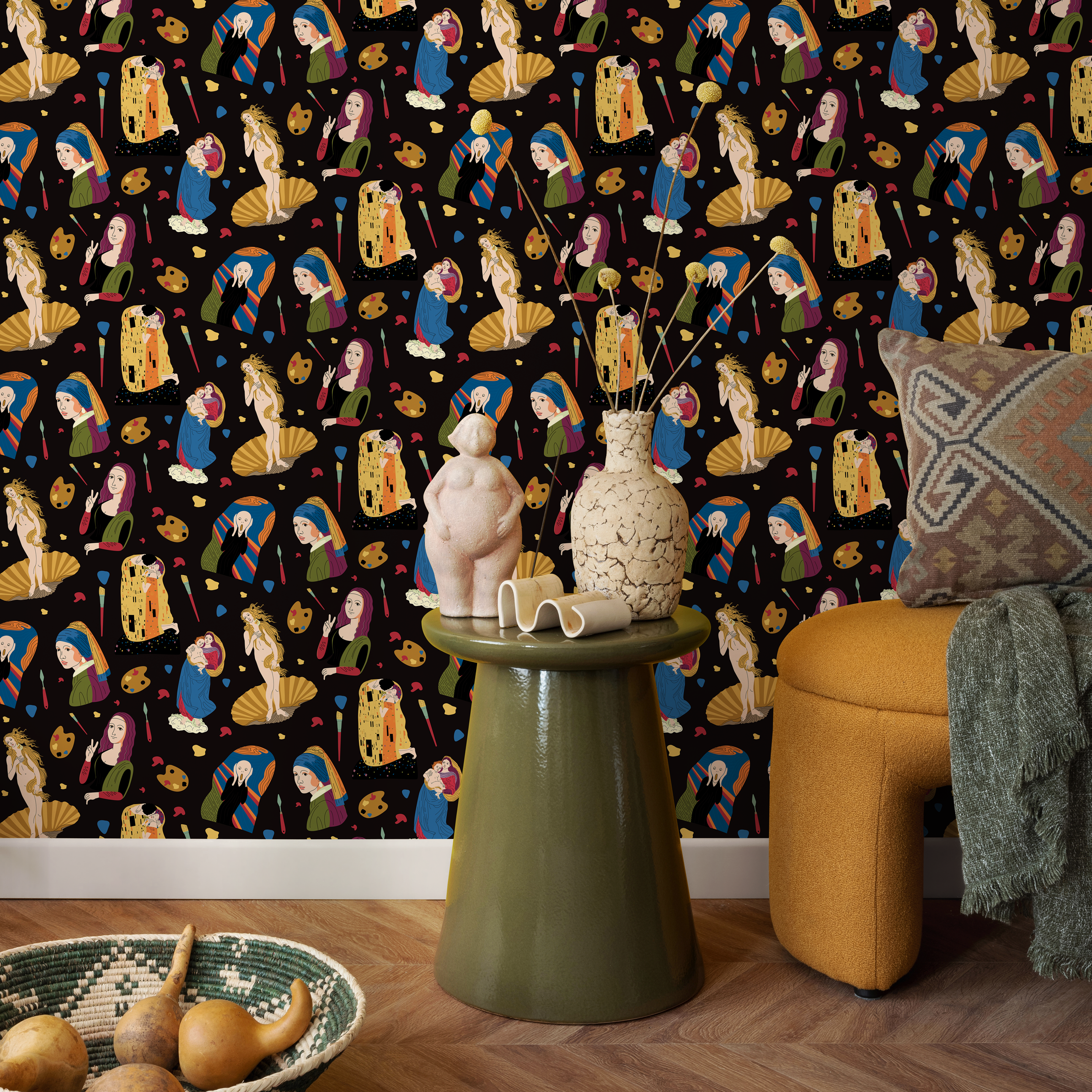 Modern Art Wallpaper With A Classical Art Collage In Black, Gold, And Blue - D572