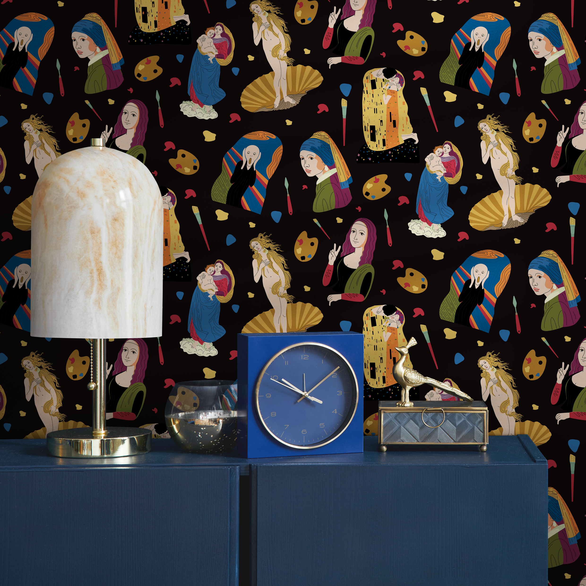 Modern Art Wallpaper With A Classical Art Collage In Black, Gold, And Blue - D572