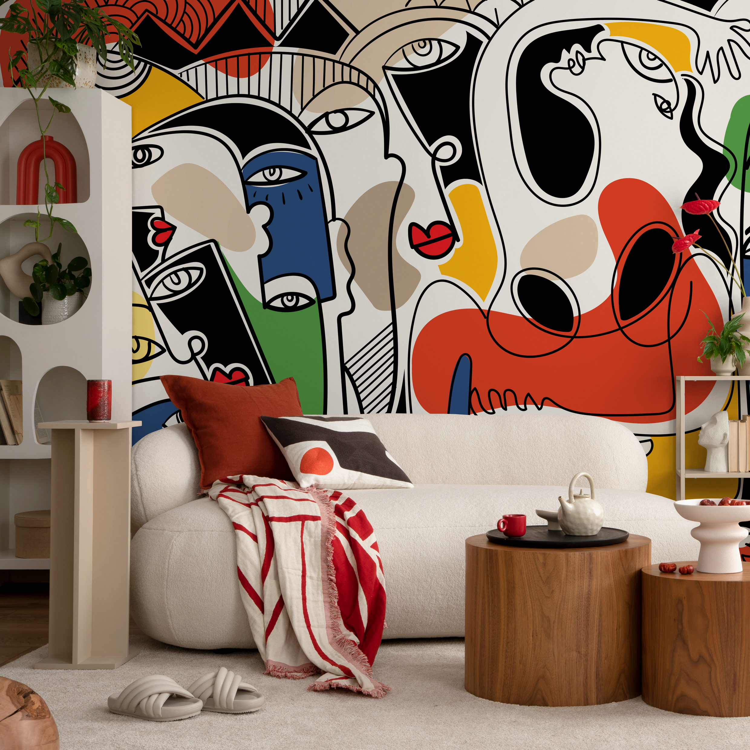 Abstract Wallpaper With Surreal Line Art Faces In Red, Yellow, And Blue - D586