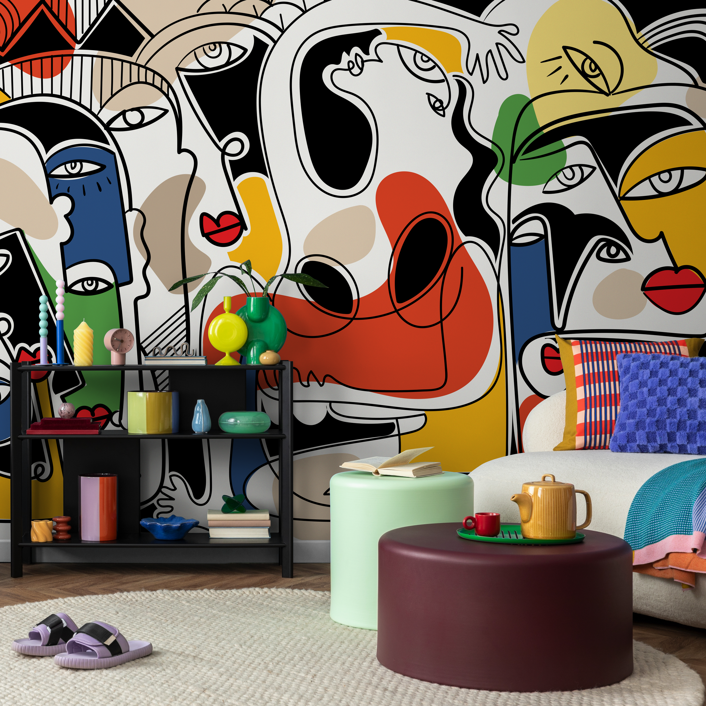 Abstract Wallpaper With Surreal Line Art Faces In Red, Yellow, And Blue - D586