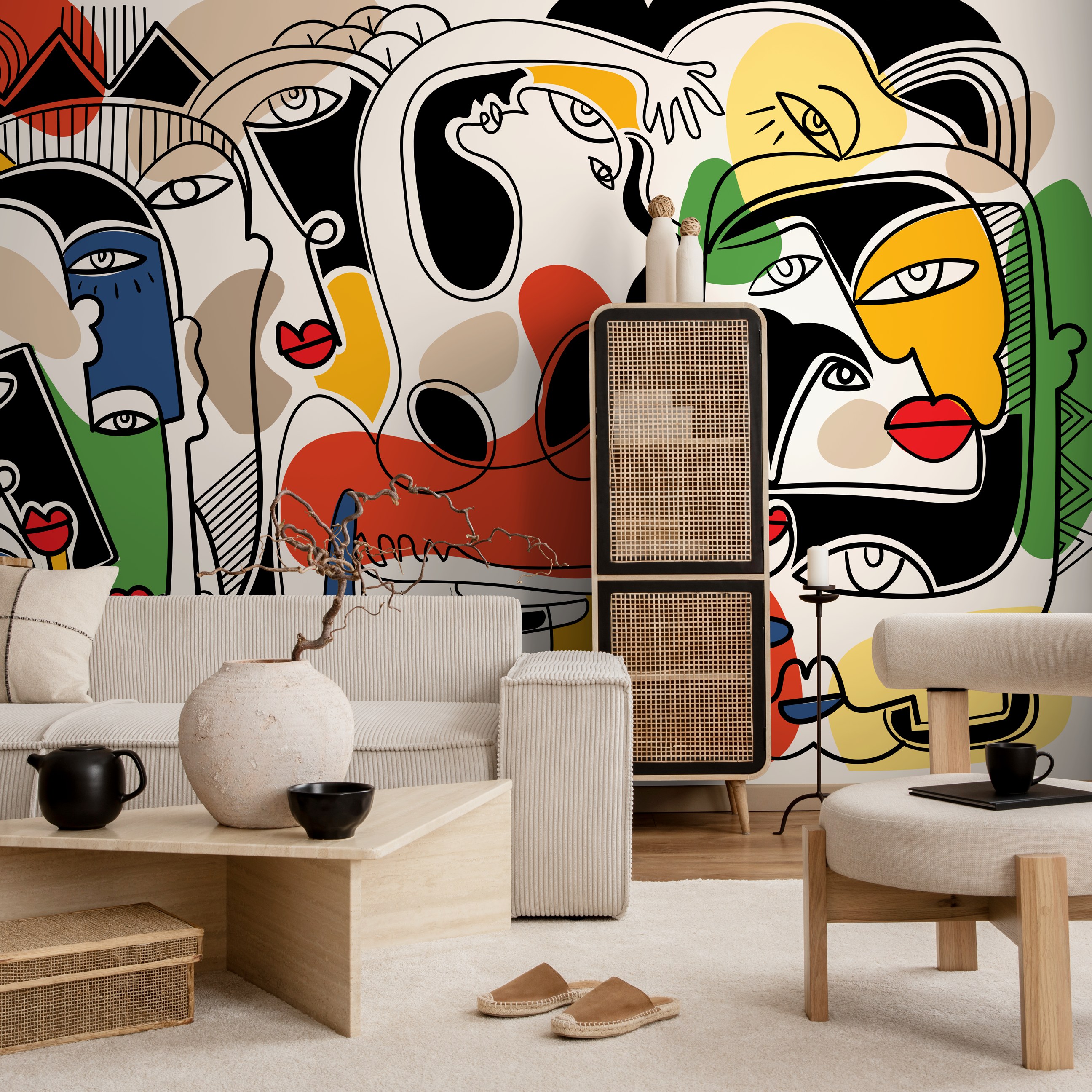 Abstract Wallpaper With Surreal Line Art Faces In Red, Yellow, And Blue - D586