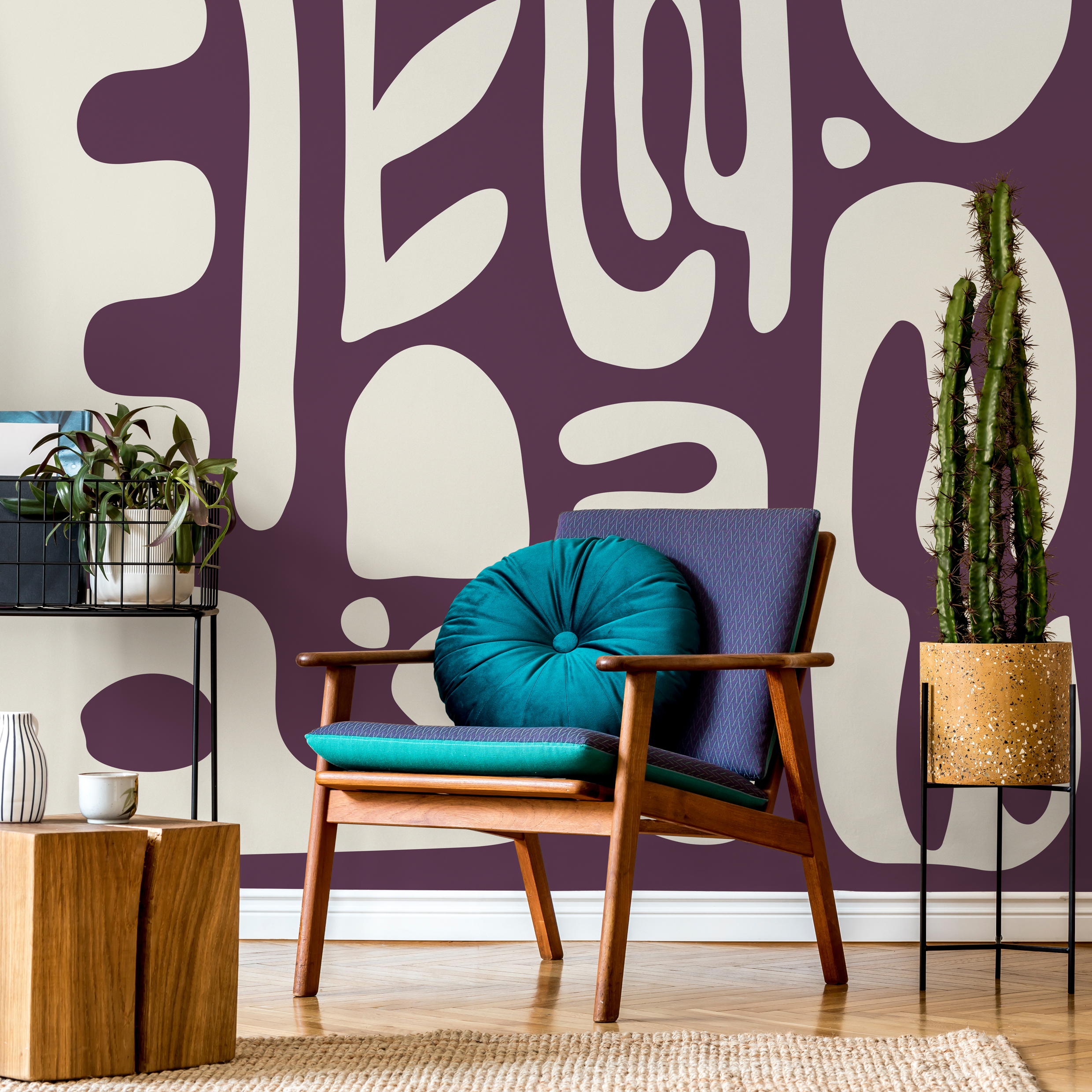 Abstract Wallpaper With Bold Organic Shapes In Purple And Beige - D594