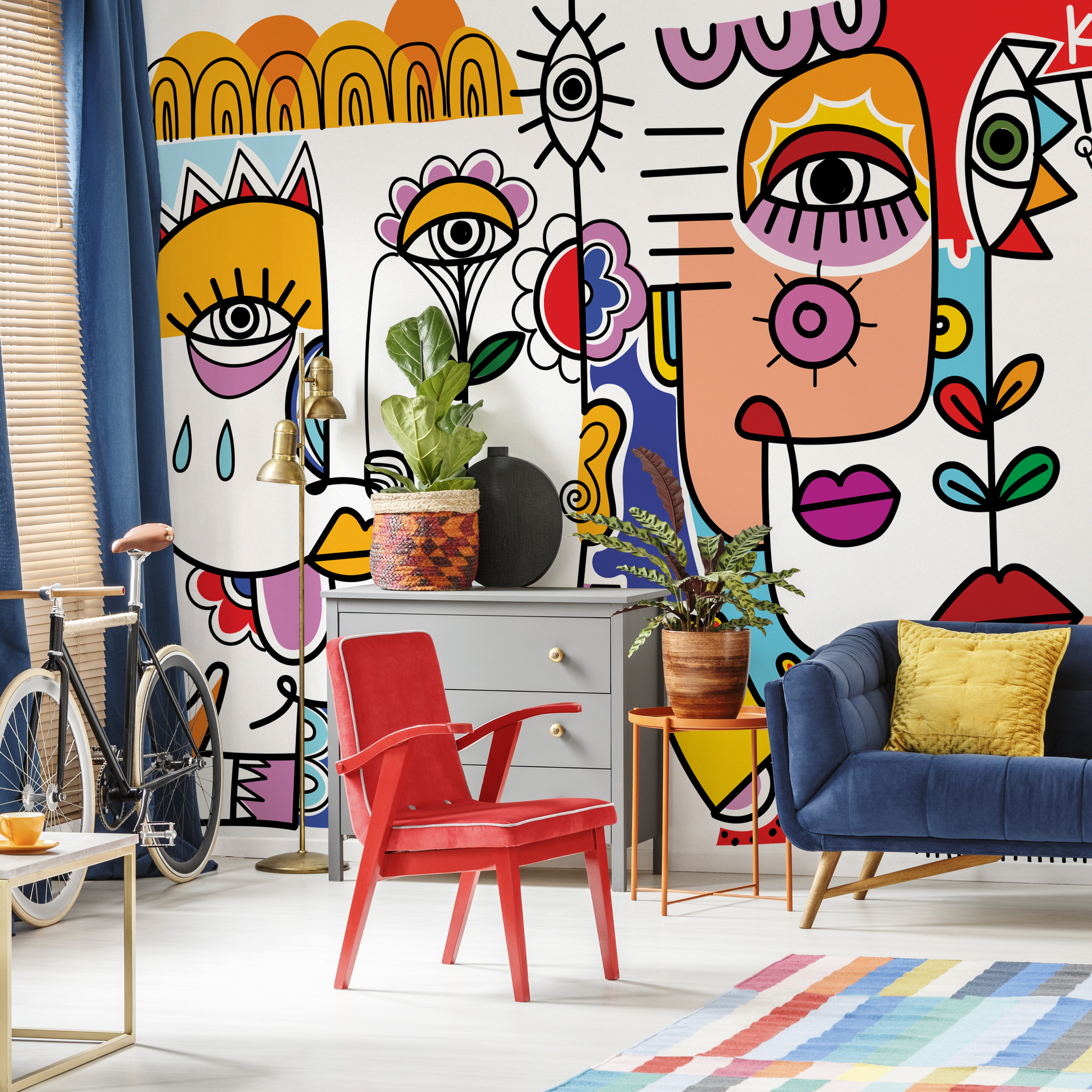 Abstract Wallpaper With A Surrealist Face Mural In Yellow, Red, And Blue - D596