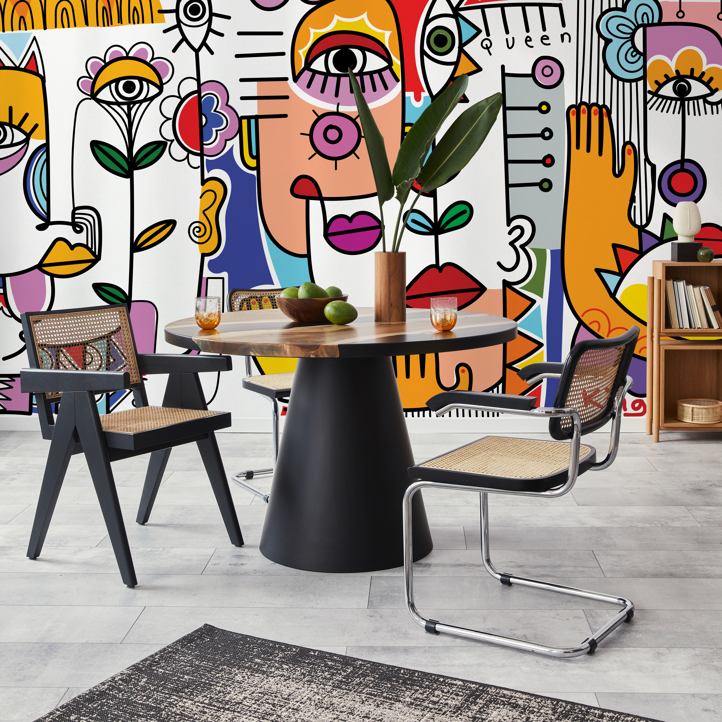 Abstract Wallpaper With A Surrealist Face Mural In Yellow, Red, And Blue - D596