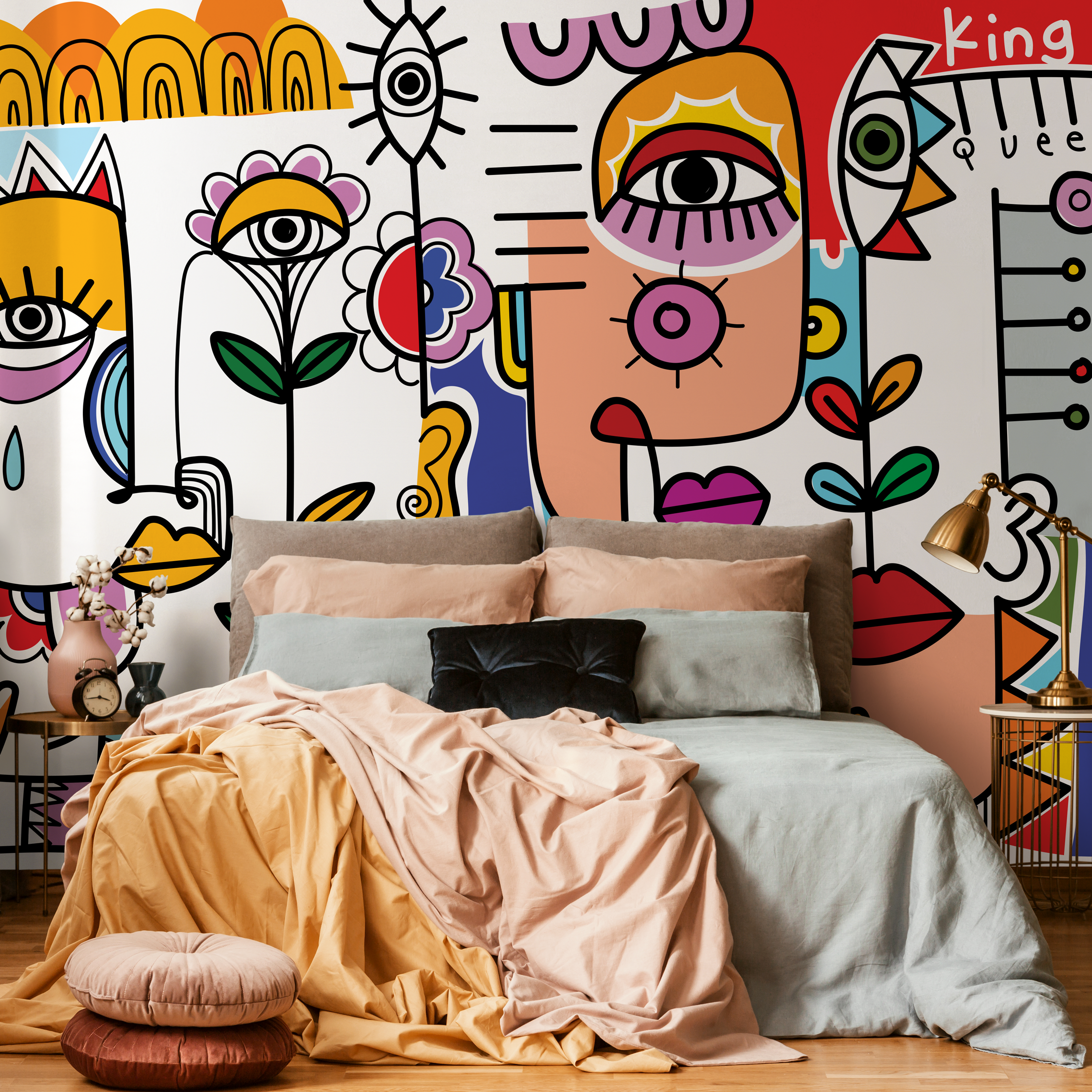 Abstract Wallpaper With A Surrealist Face Mural In Yellow, Red, And Blue - D596