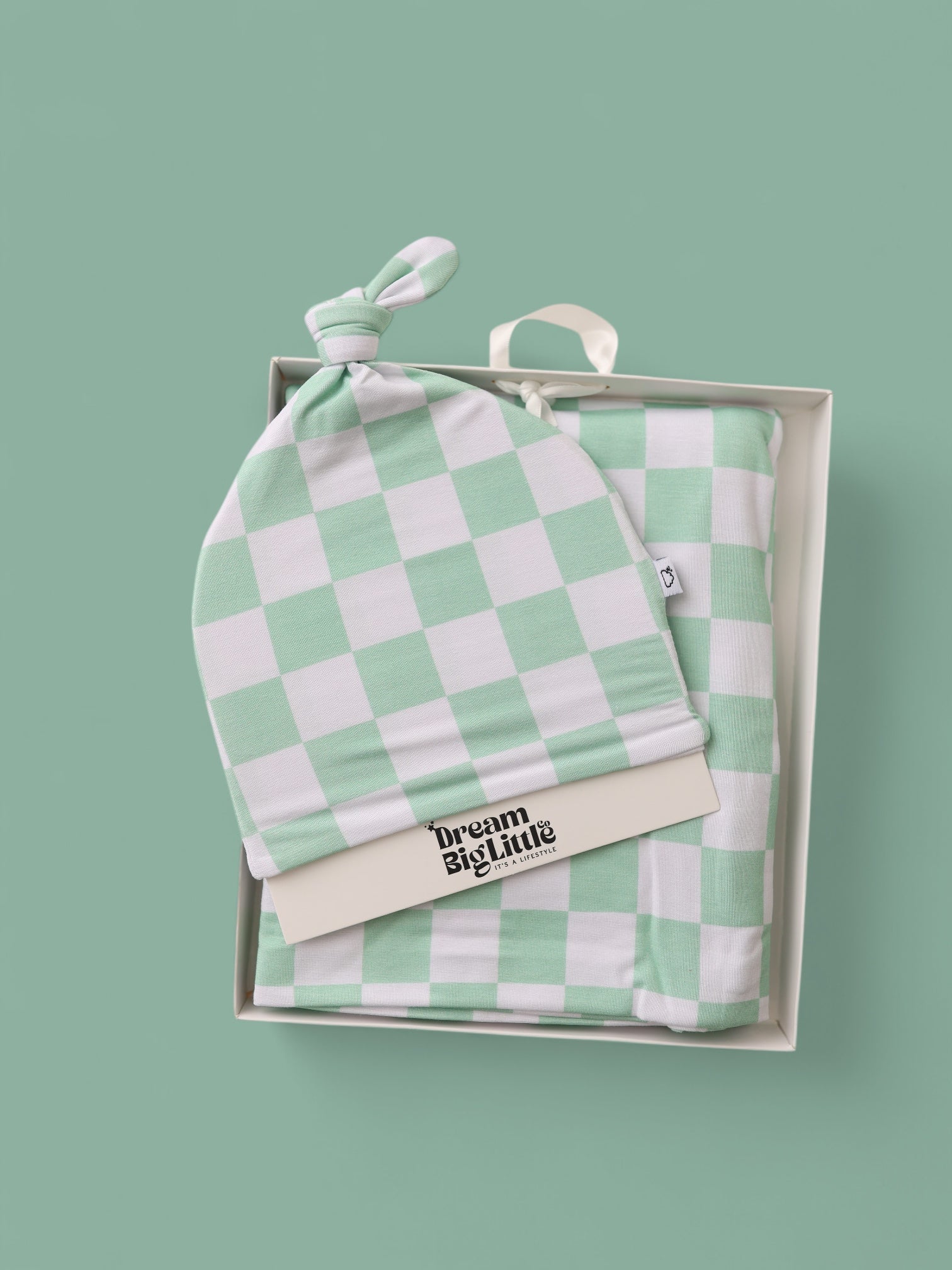 Mint Checkers Dream Swaddle & Beanie