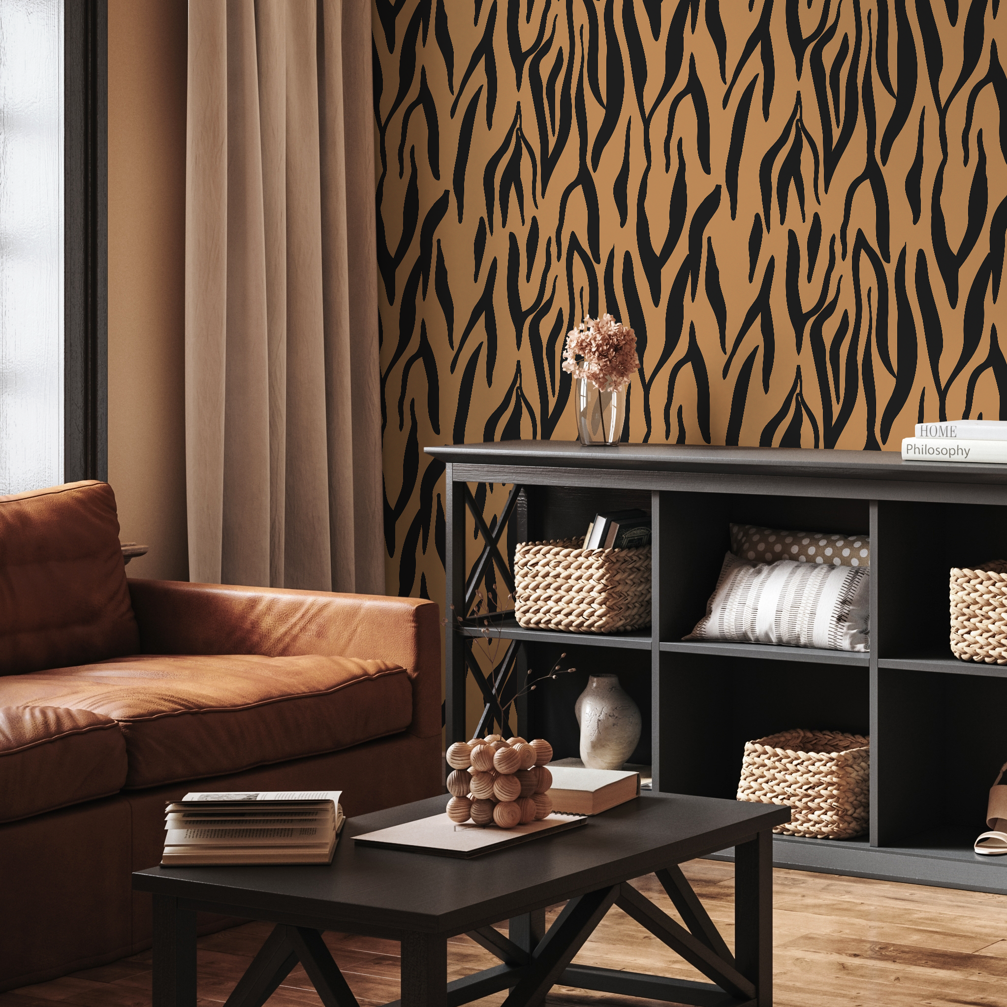 Animal Print Wallpaper With A Bold Tiger Stripe Motif In Black And Brown - D608