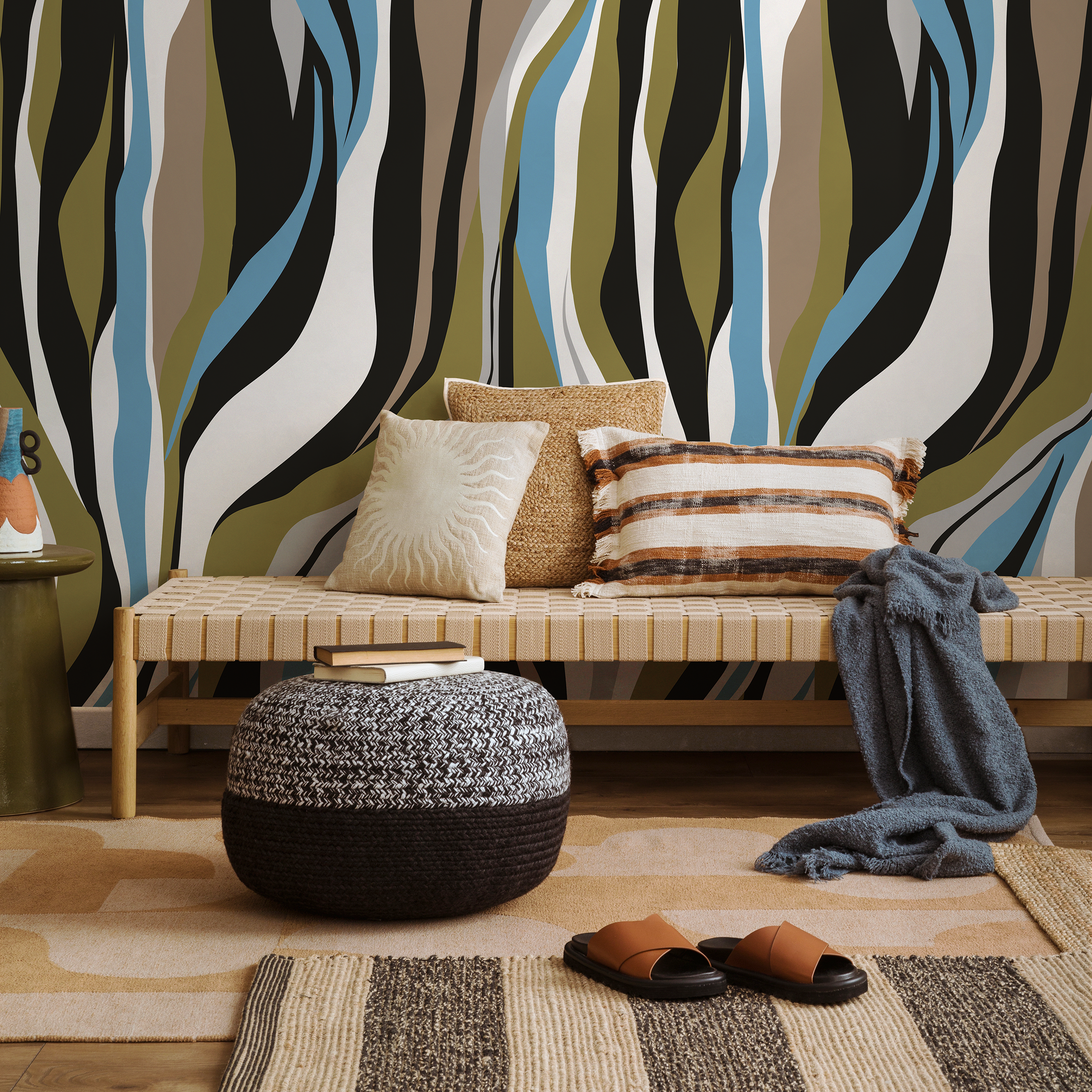 Abstract Wallpaper With Flowing Vertical Waves In Black, Blue, And Olive Green - D612
