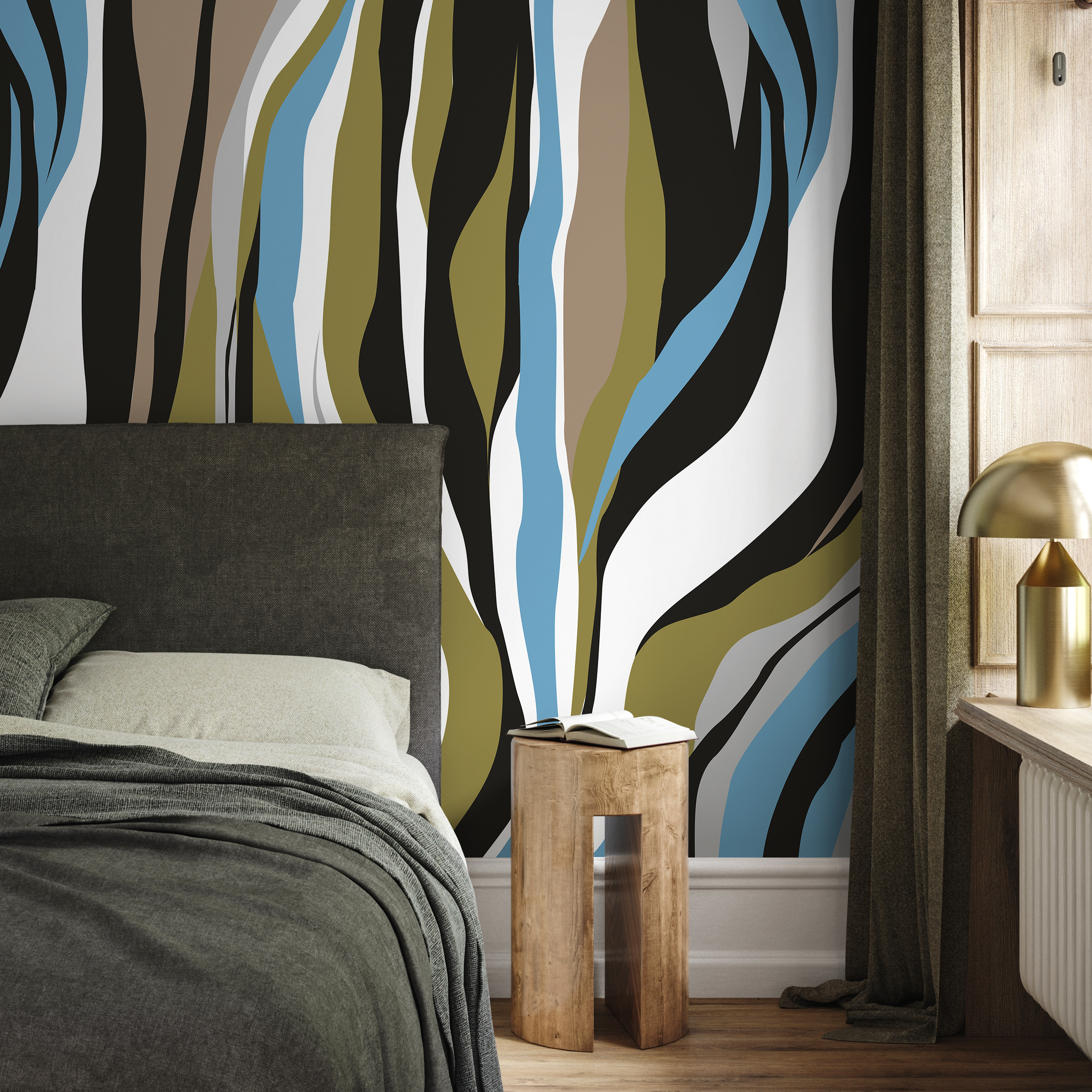 Abstract Wallpaper With Flowing Vertical Waves In Black, Blue, And Olive Green - D612
