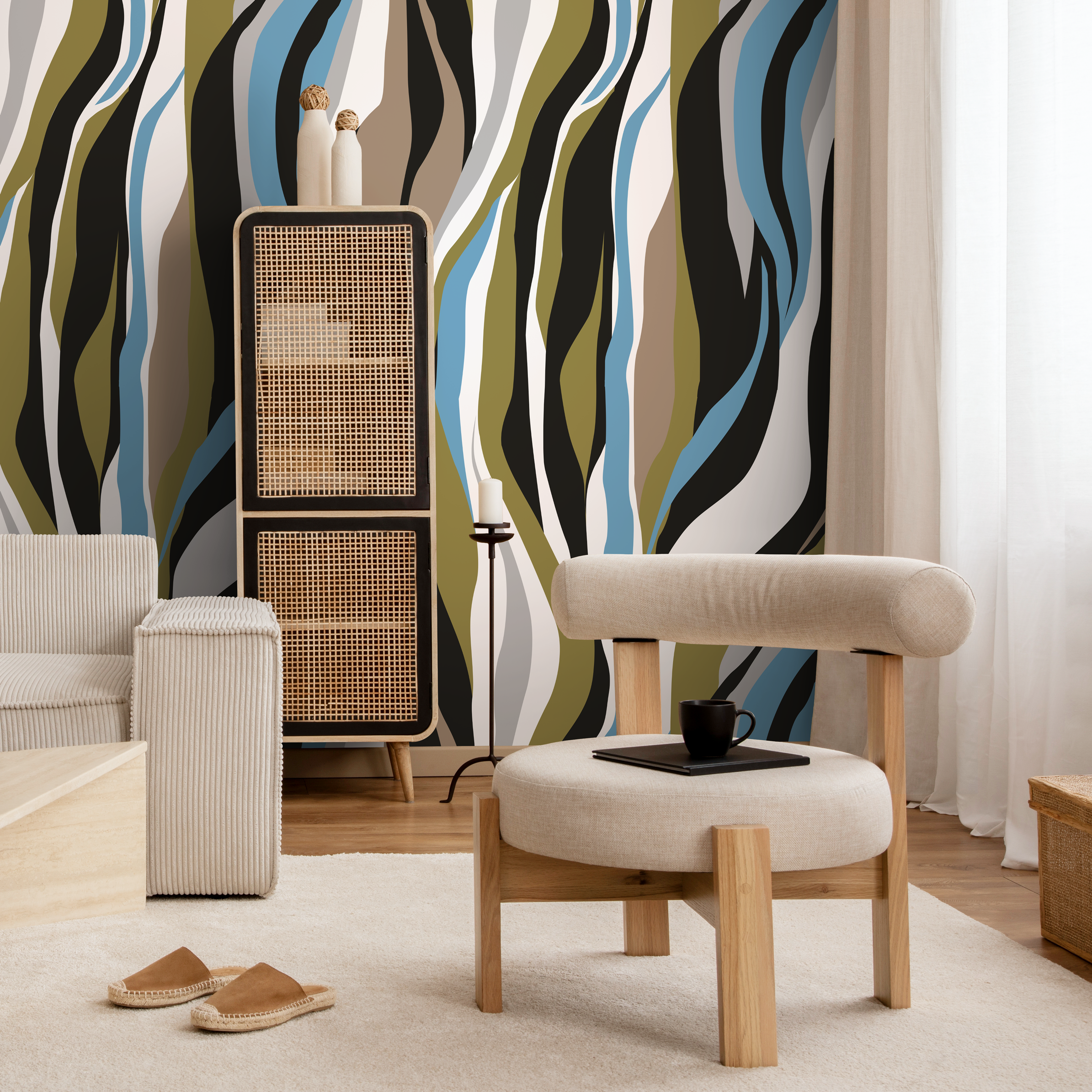 Abstract Wallpaper With Flowing Vertical Waves In Black, Blue, And Olive Green - D612