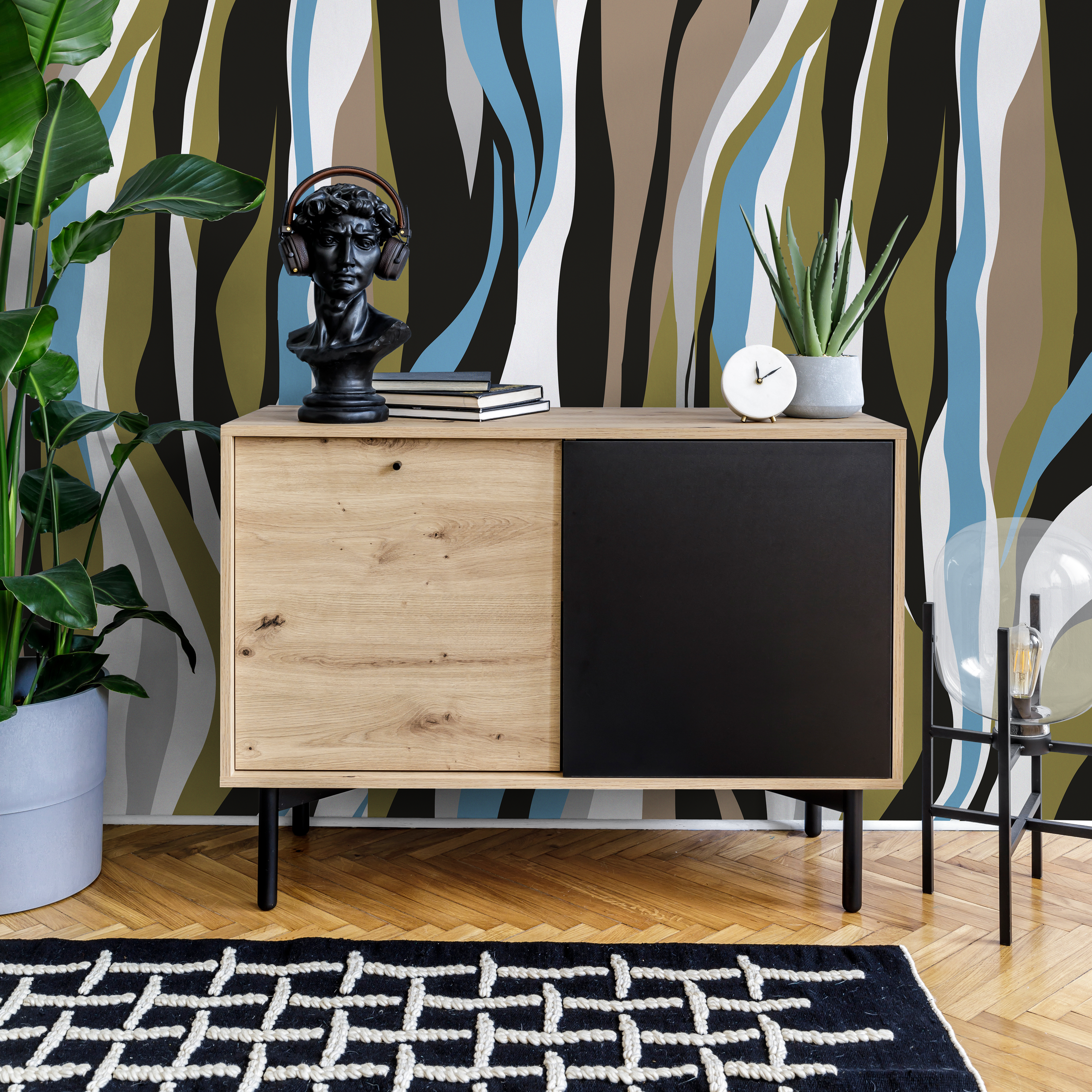 Abstract Wallpaper With Flowing Vertical Waves In Black, Blue, And Olive Green - D612