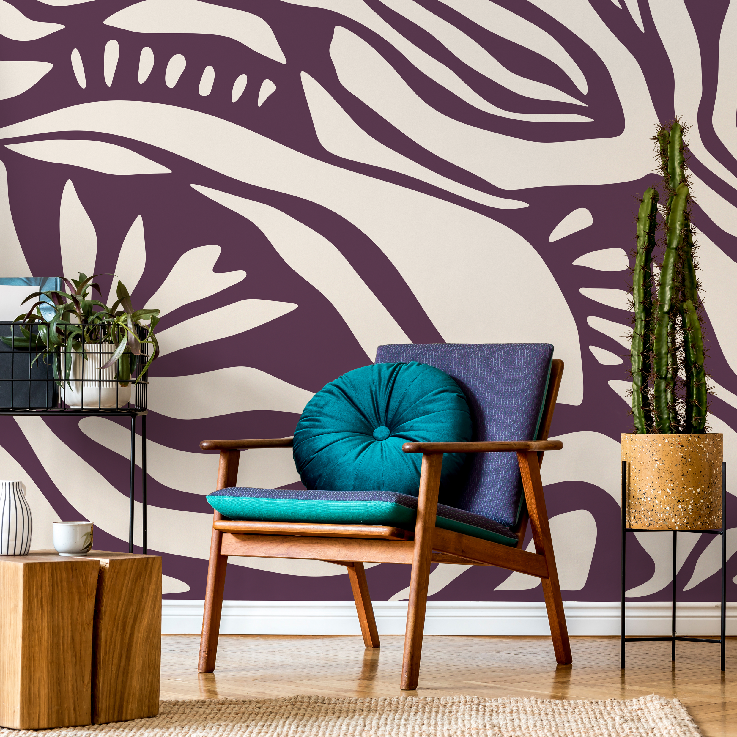 Abstract Wallpaper With Bold Organic Shapes In Purple And Beige - D626