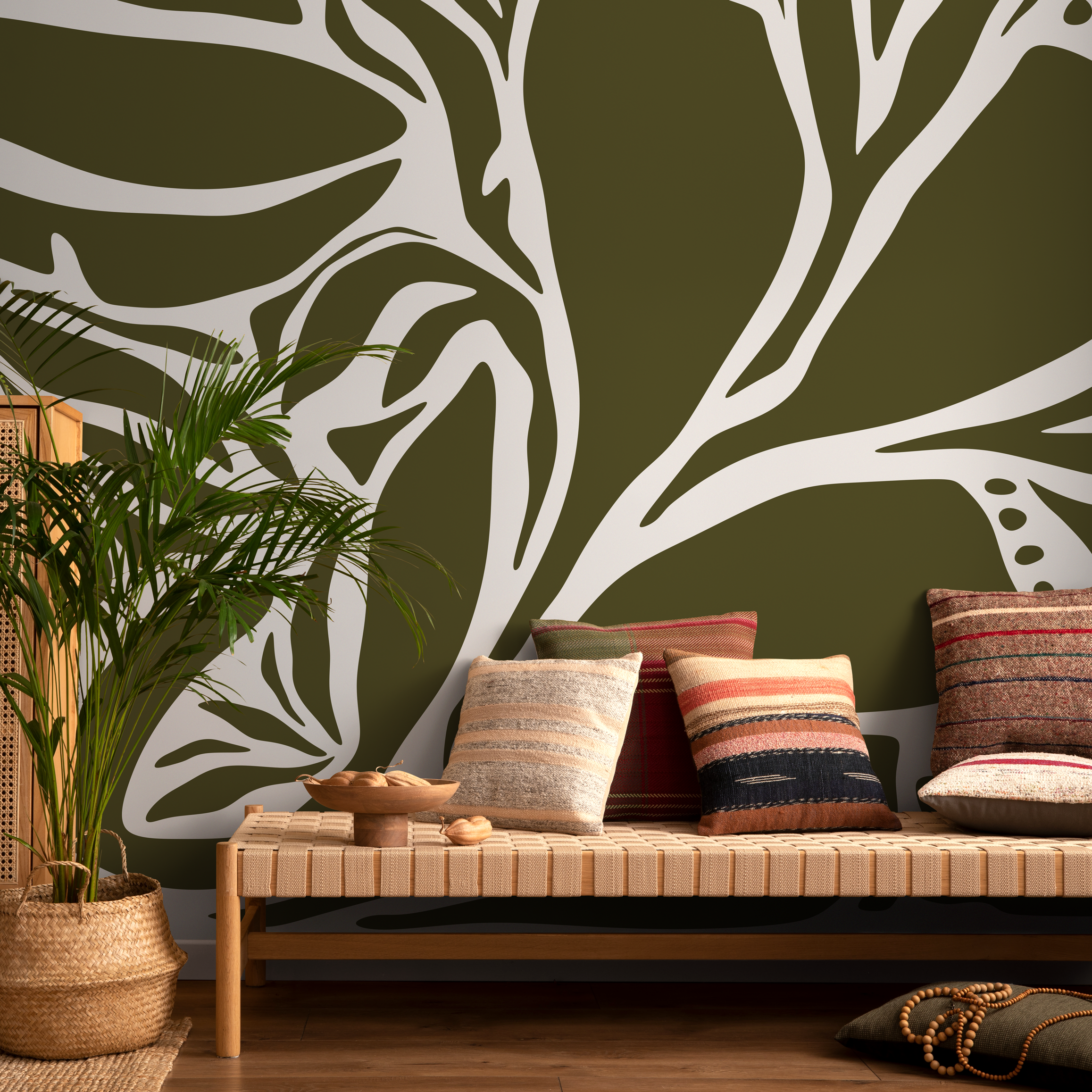 Abstract Wallpaper With Bold Organic Forms In Olive Green And Cream - D636