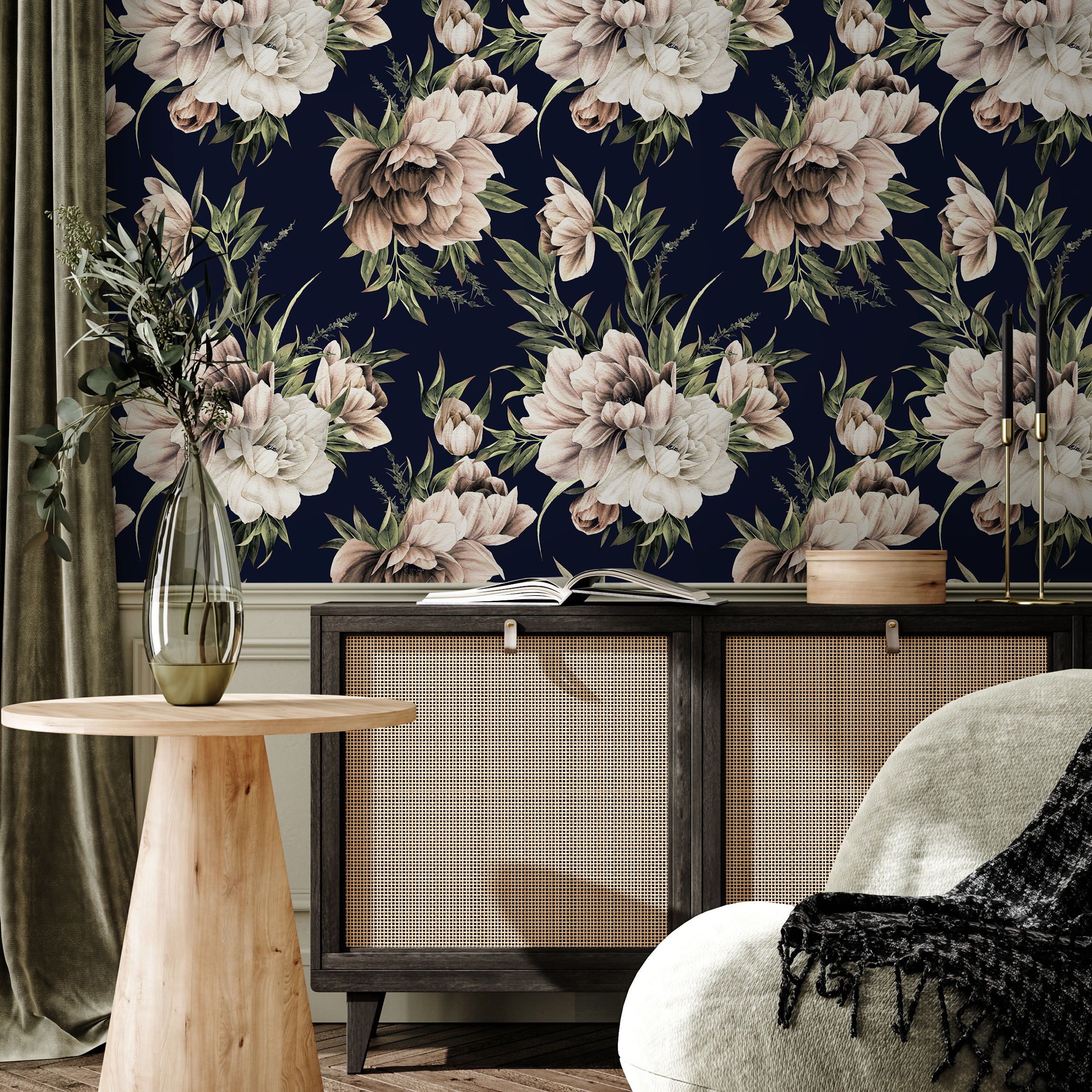 Floral Wallpaper Featuring Vintage Peonies In Navy Blue, Brown, And Cream - D643
