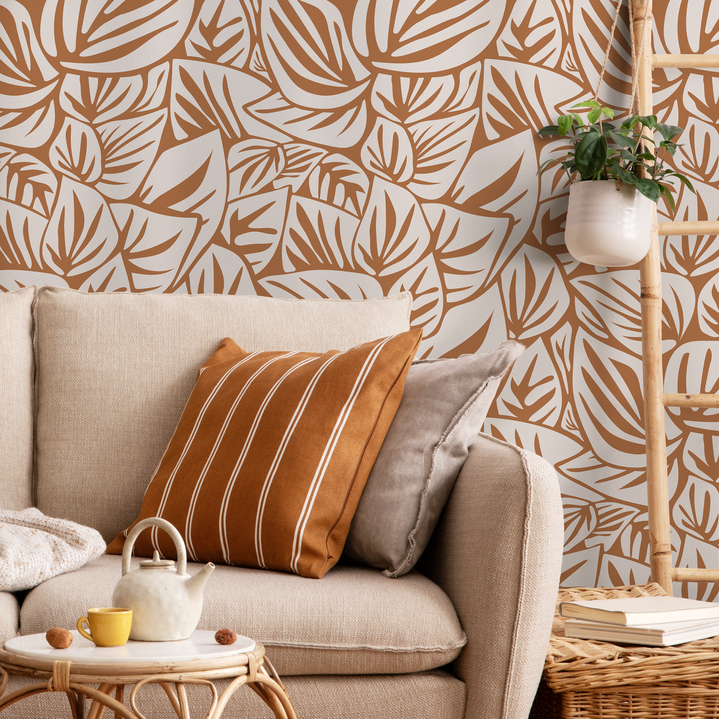Botanical Wallpaper Featuring Stylized Leaves In Orange And Beige - D648