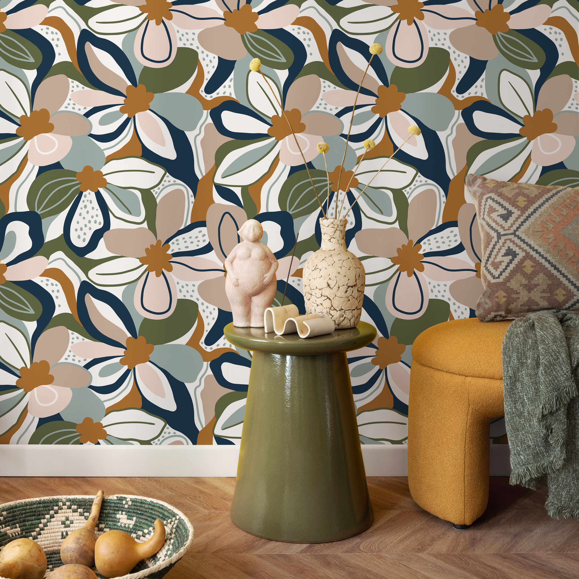 Retro Floral Wallpaper With Bold Abstract Flowers In Blue, Green, And Camel - D657