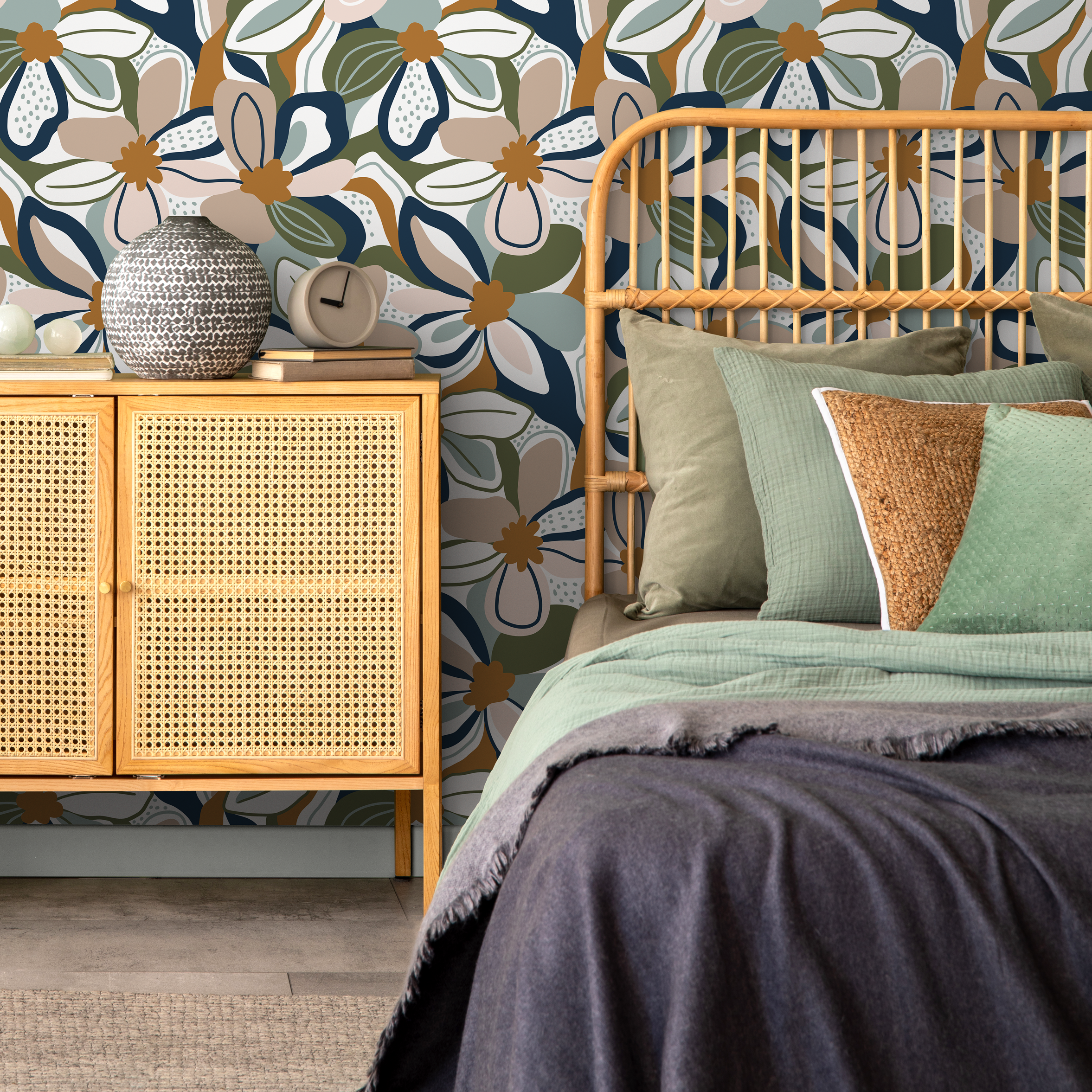 Retro Floral Wallpaper With Bold Abstract Flowers In Blue, Green, And Camel - D657