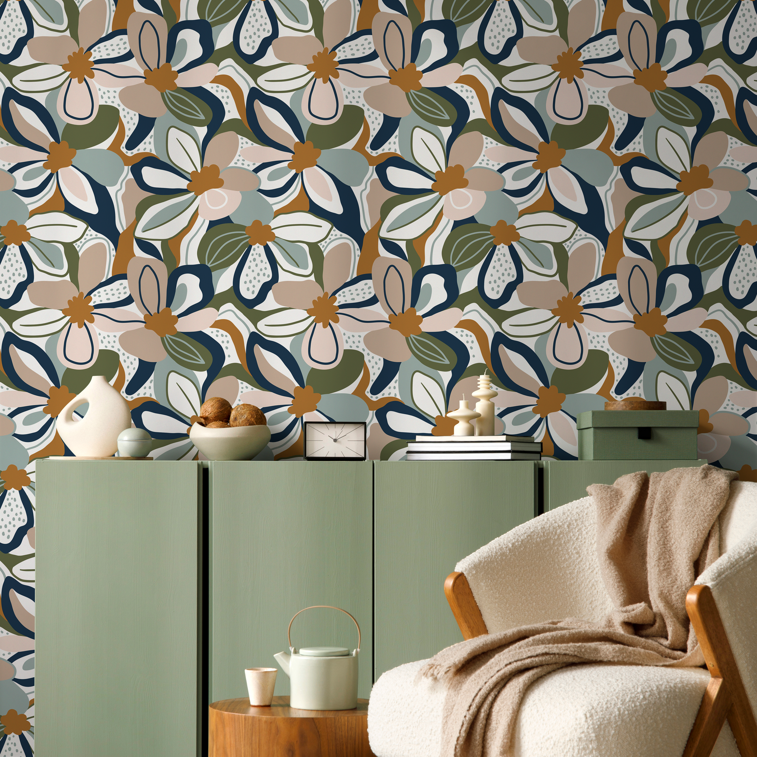 Retro Floral Wallpaper With Bold Abstract Flowers In Blue, Green, And Camel - D657