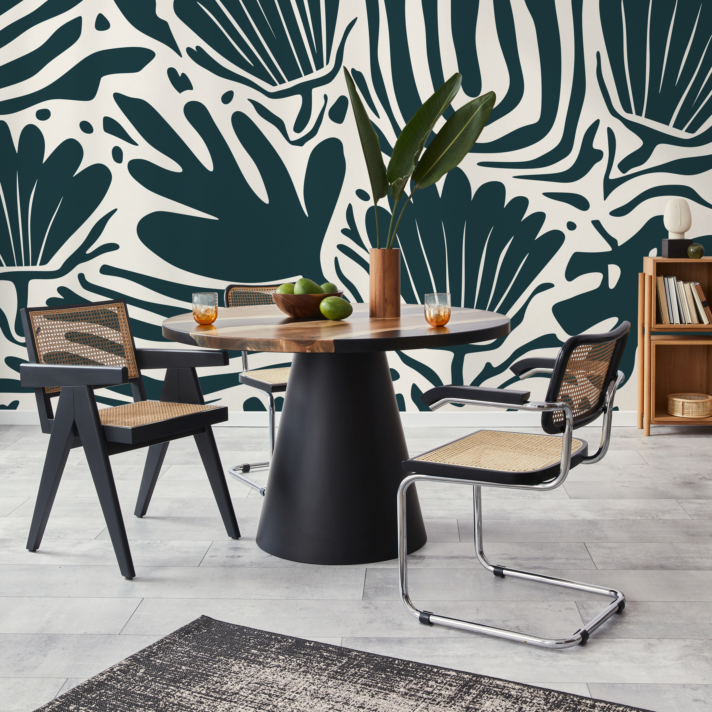 Abstract Wallpaper With A Bold Botanical Motif In Deep Teal - D662