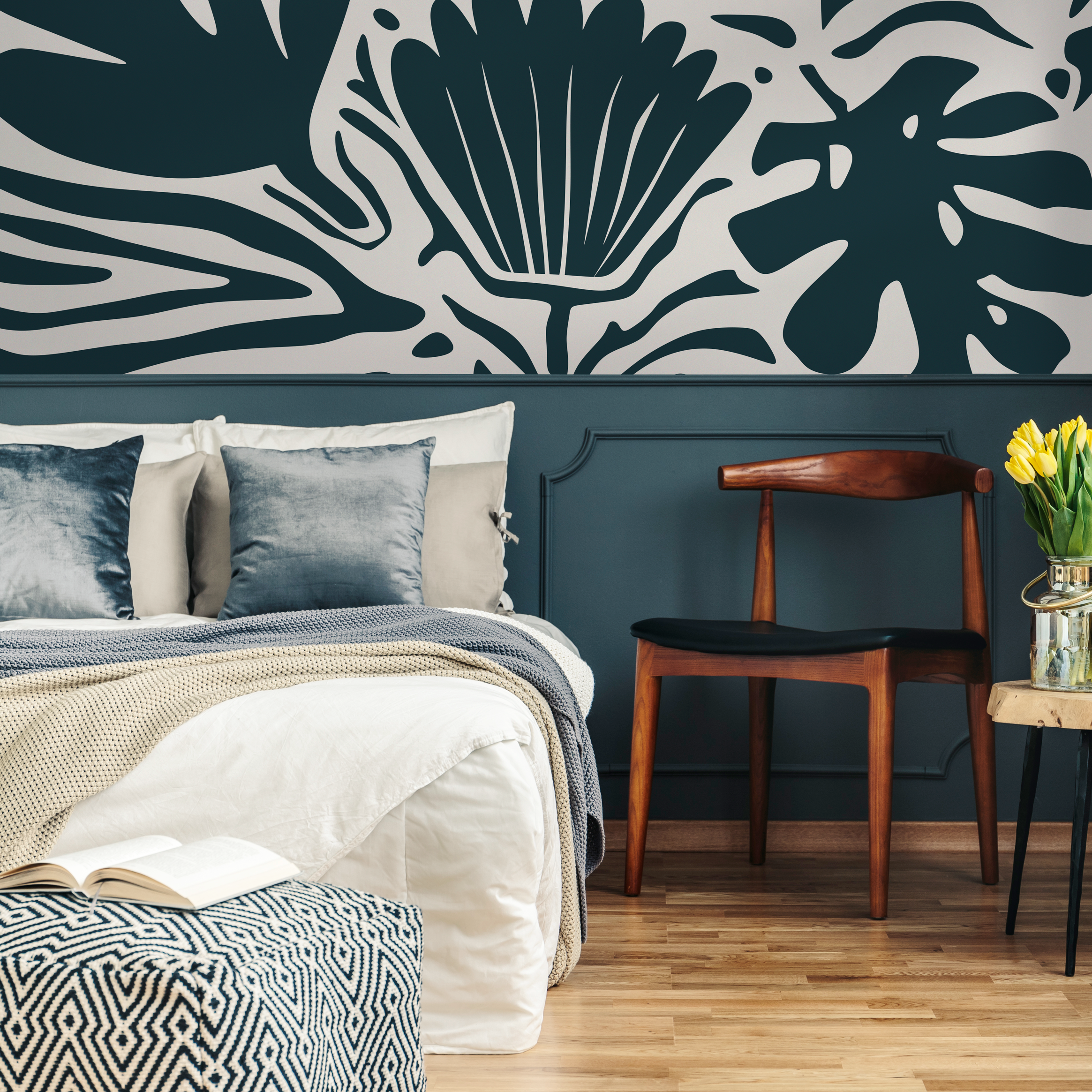 Abstract Wallpaper With A Bold Botanical Motif In Deep Teal - D662