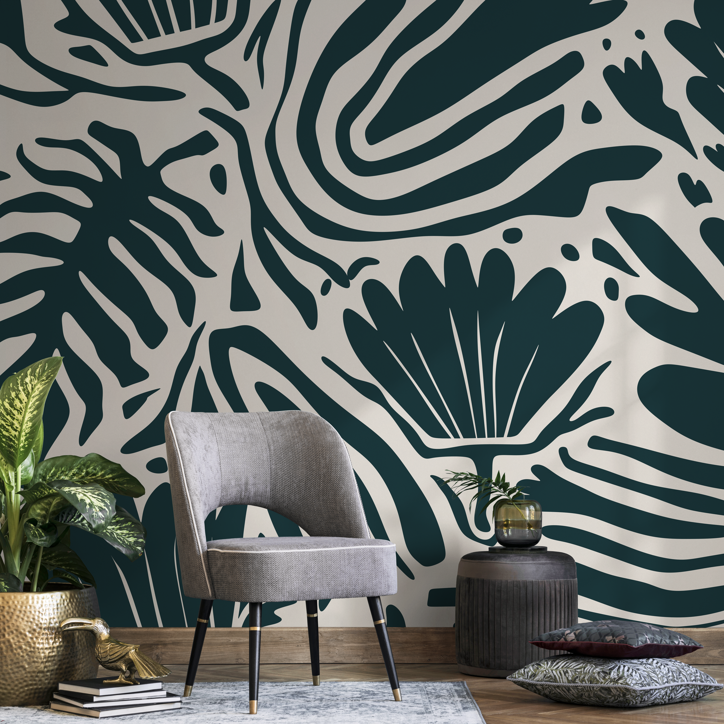 Abstract Wallpaper With A Bold Botanical Motif In Deep Teal - D662
