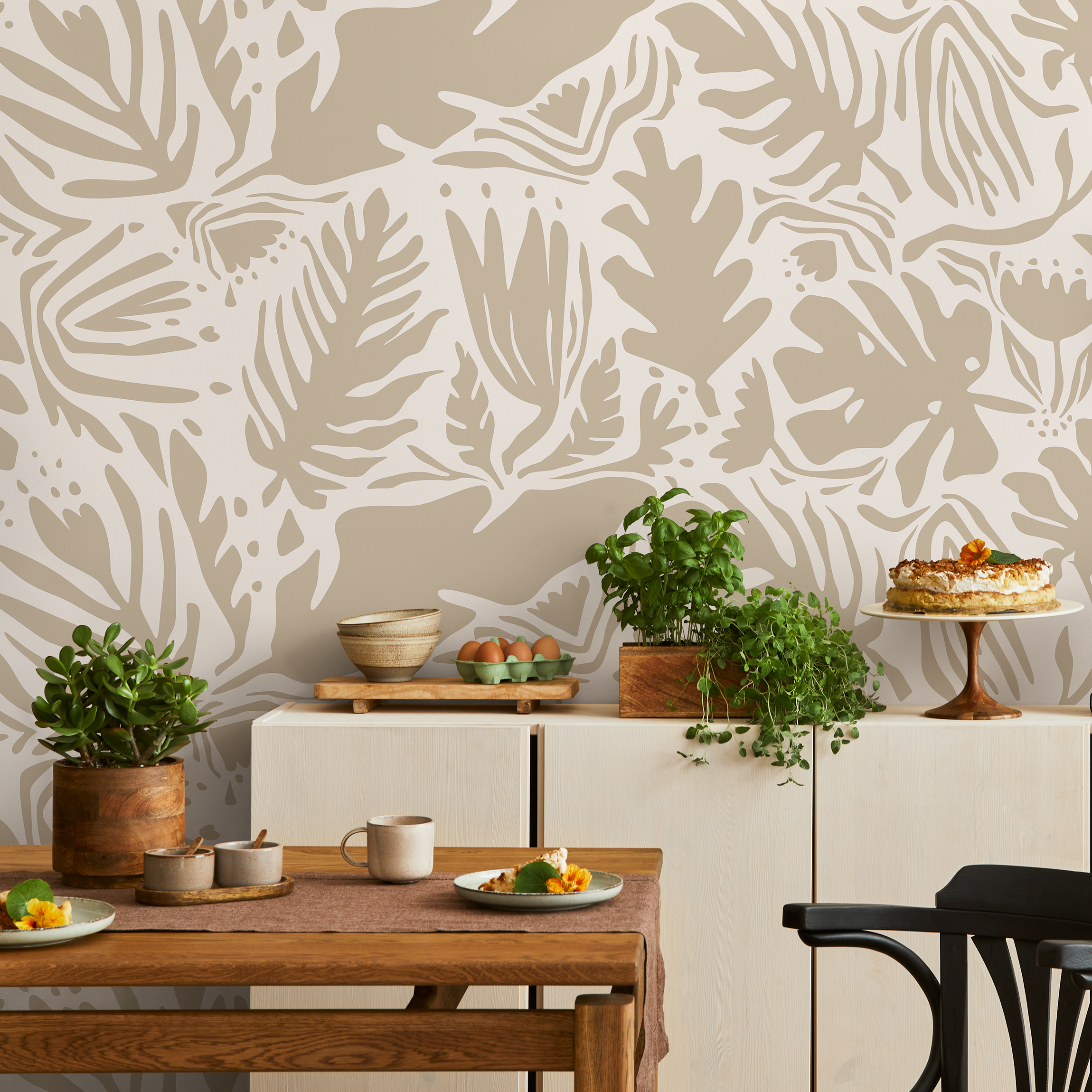 Abstract Wallpaper With A Boho Botanical Motif In Beige And Cream - D665