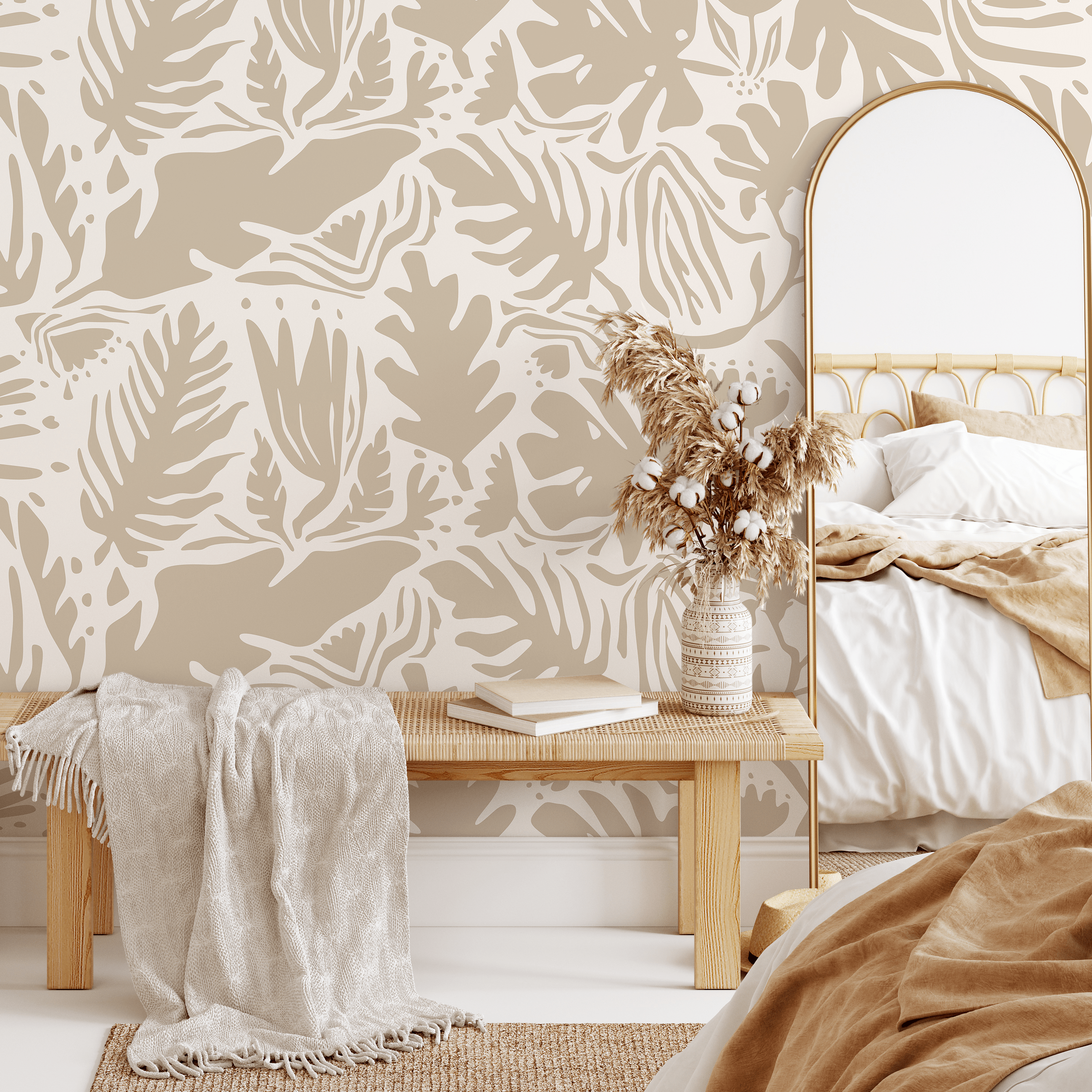 Abstract Wallpaper With A Boho Botanical Motif In Beige And Cream - D665