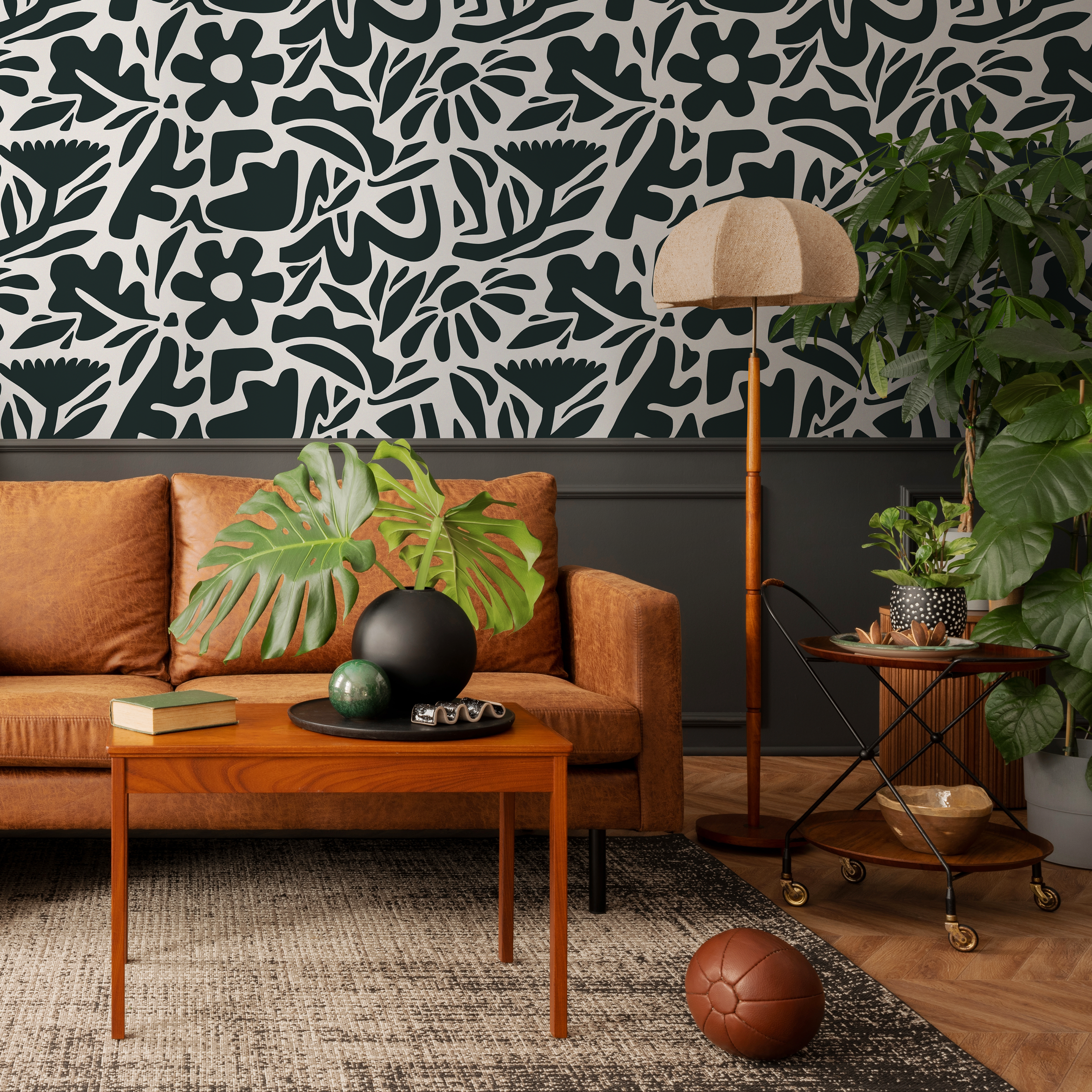 Abstract Wallpaper With A Bold Botanical Motif In Dark Green And Off-white - D675