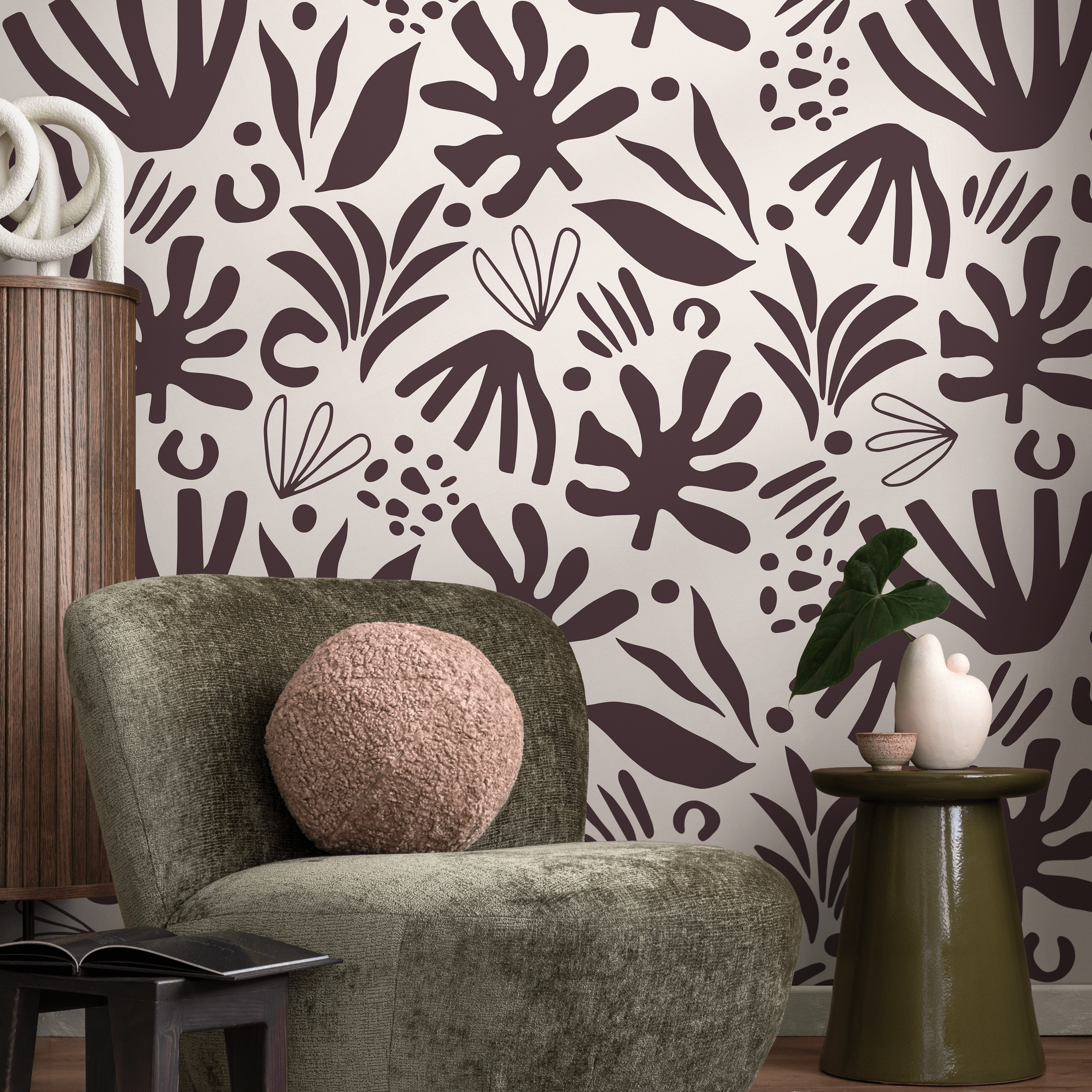 Abstract Wallpaper With A Modern Leaf Cutout Motif In Deep Brown And Beige - D684