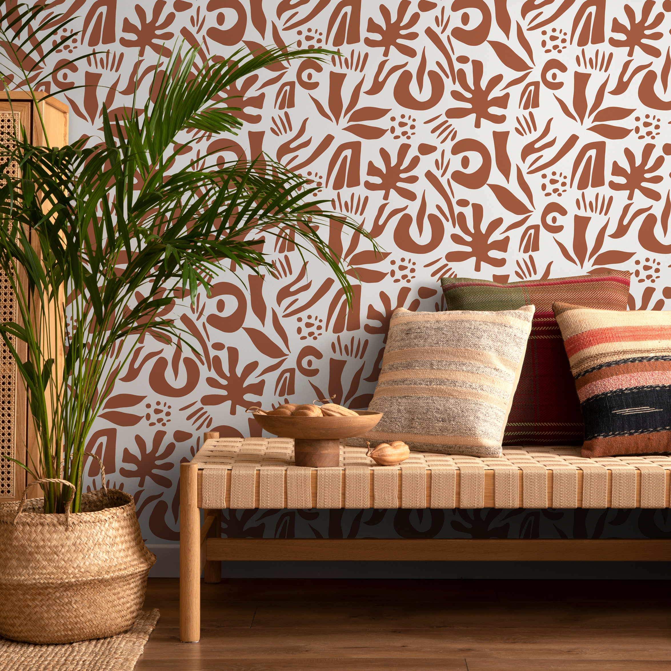 Abstract Wallpaper With Organic Leaf Shapes In Terracotta - D689
