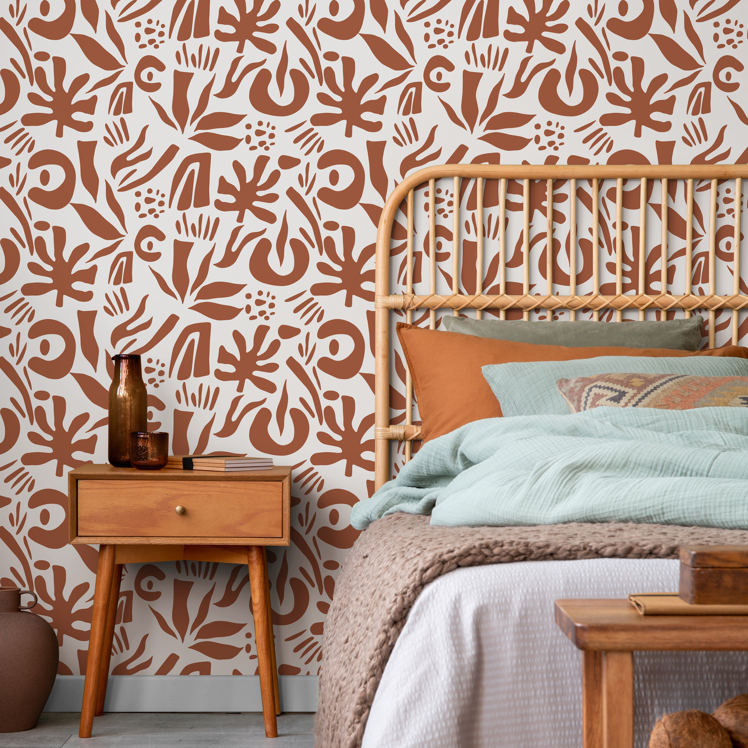 Abstract Wallpaper With Organic Leaf Shapes In Terracotta - D689