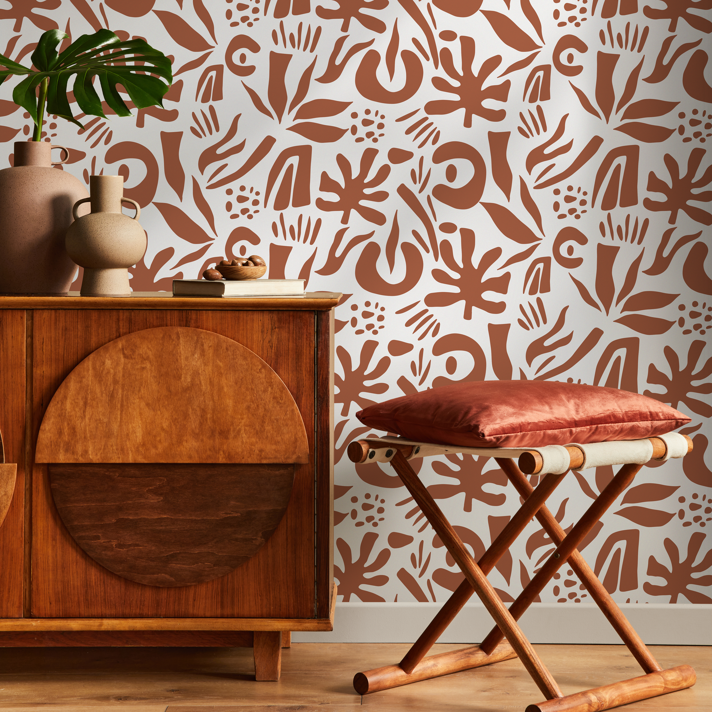 Abstract Wallpaper With Organic Leaf Shapes In Terracotta - D689