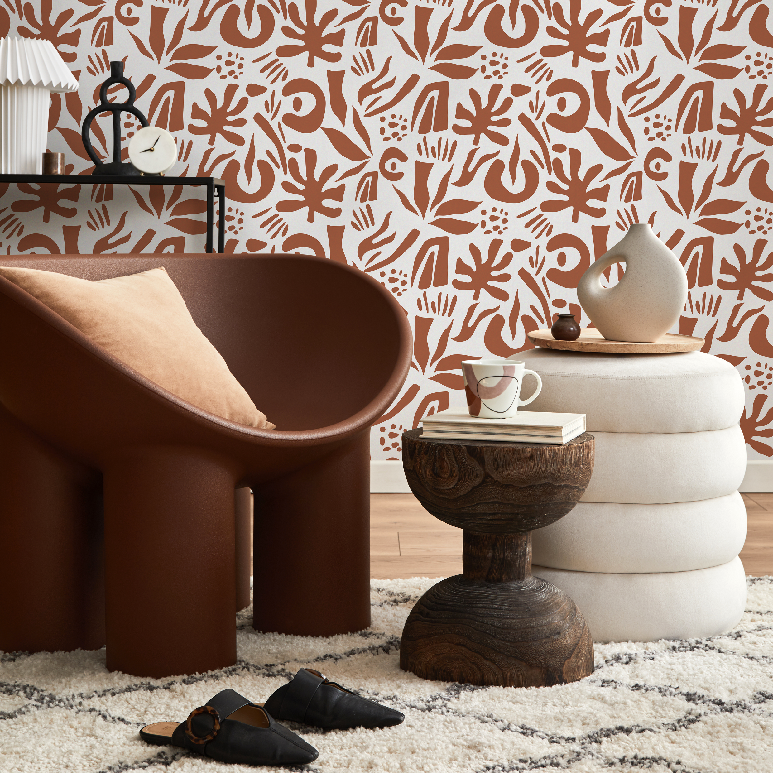 Abstract Wallpaper With Organic Leaf Shapes In Terracotta - D689
