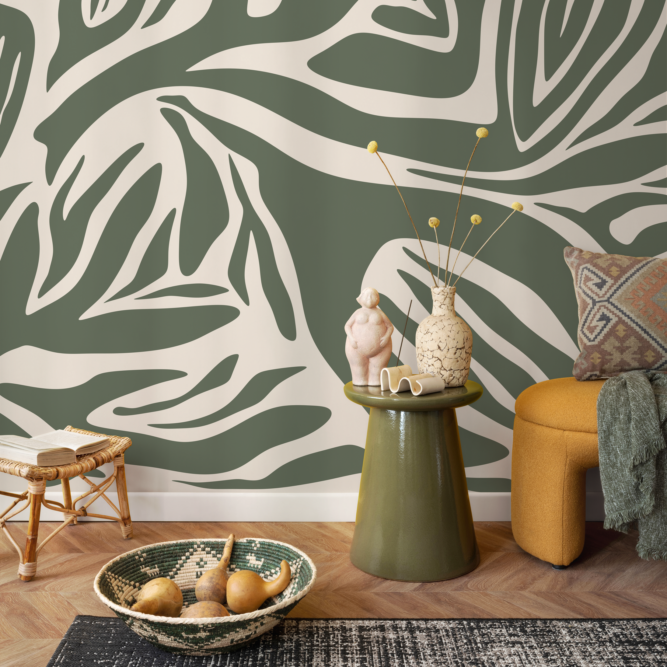 Abstract Wallpaper With Flowing Organic Shapes In Olive Green And Cream - D691