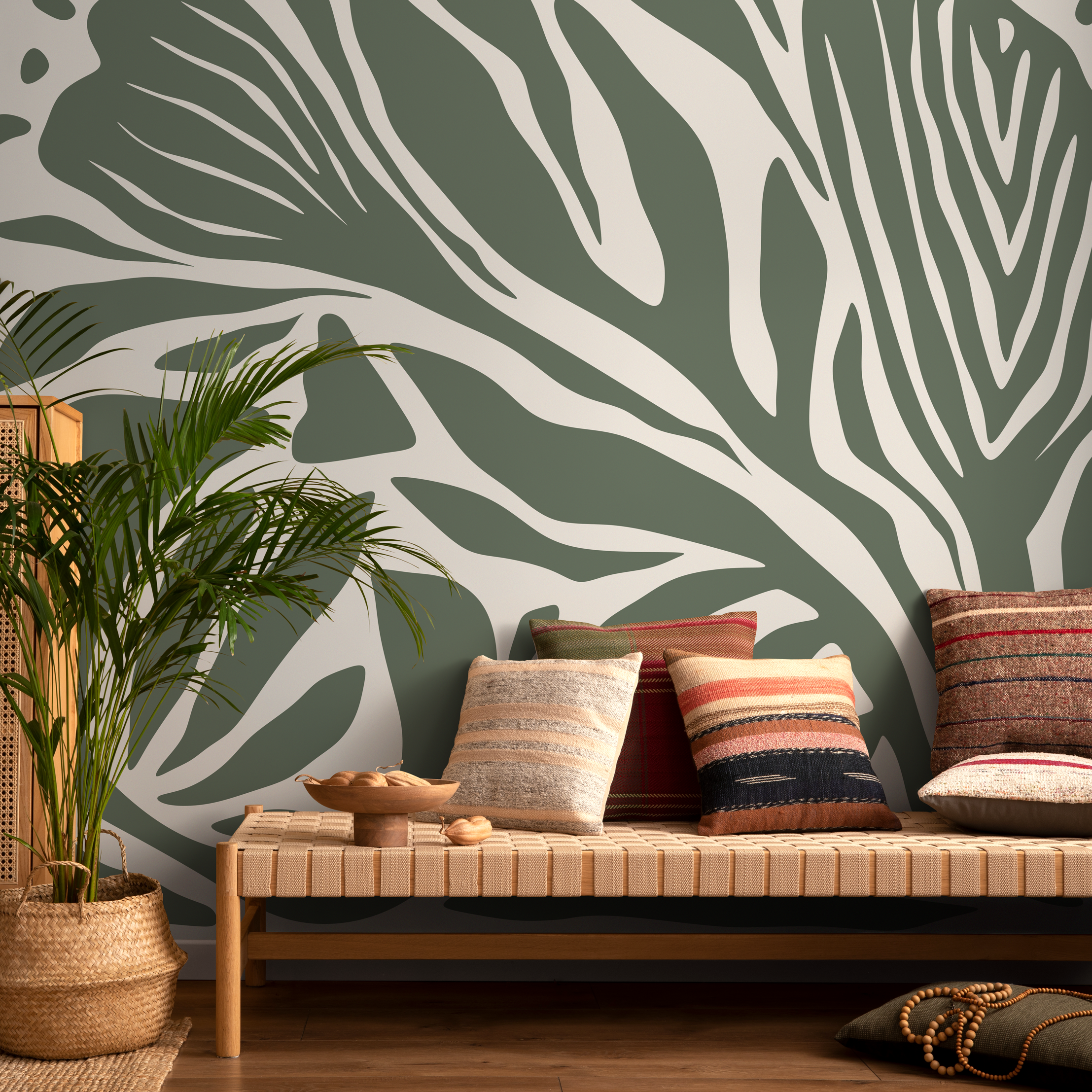 Abstract Wallpaper With Flowing Organic Shapes In Olive Green And Cream - D691