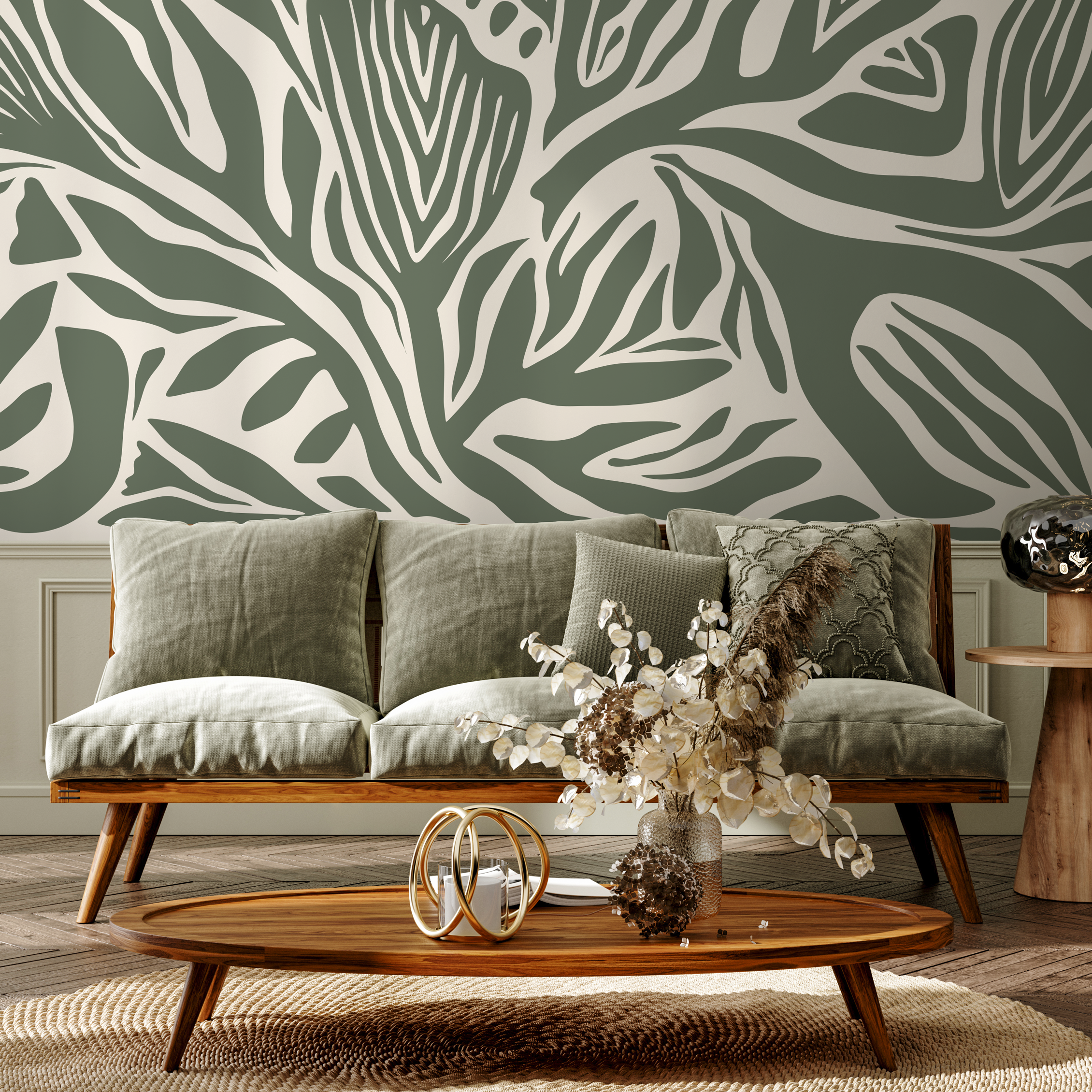 Abstract Wallpaper With Flowing Organic Shapes In Olive Green And Cream - D691