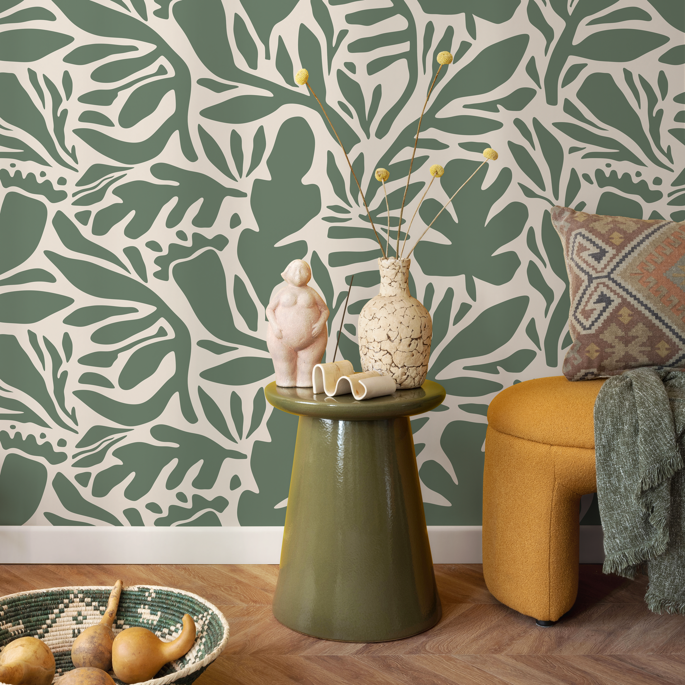 Abstract Wallpaper With A Stylized Leaf Motif In Sage Green And Cream - D697