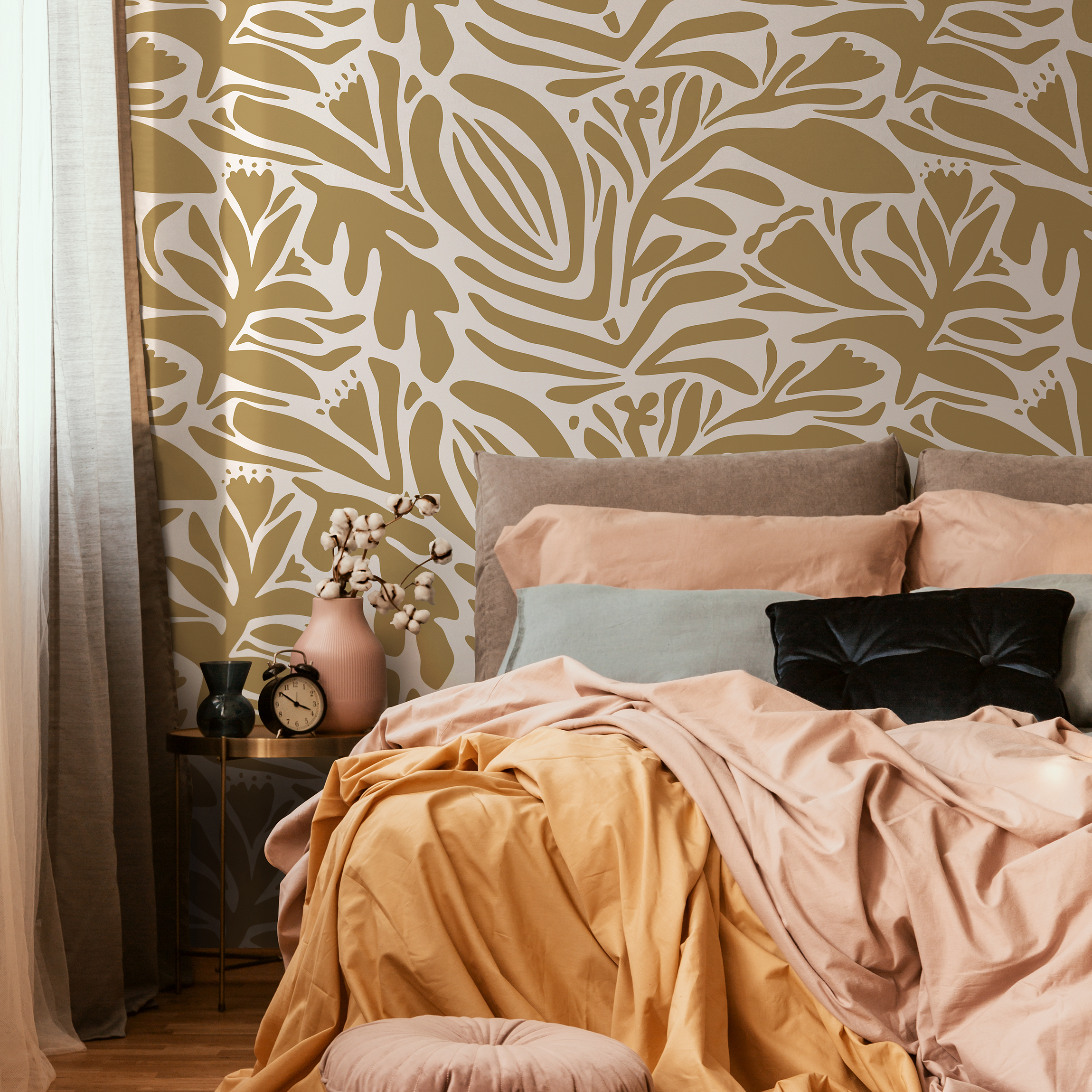 Abstract Wallpaper Featuring Stylized Botanicals In Mustard And Off-white - D702