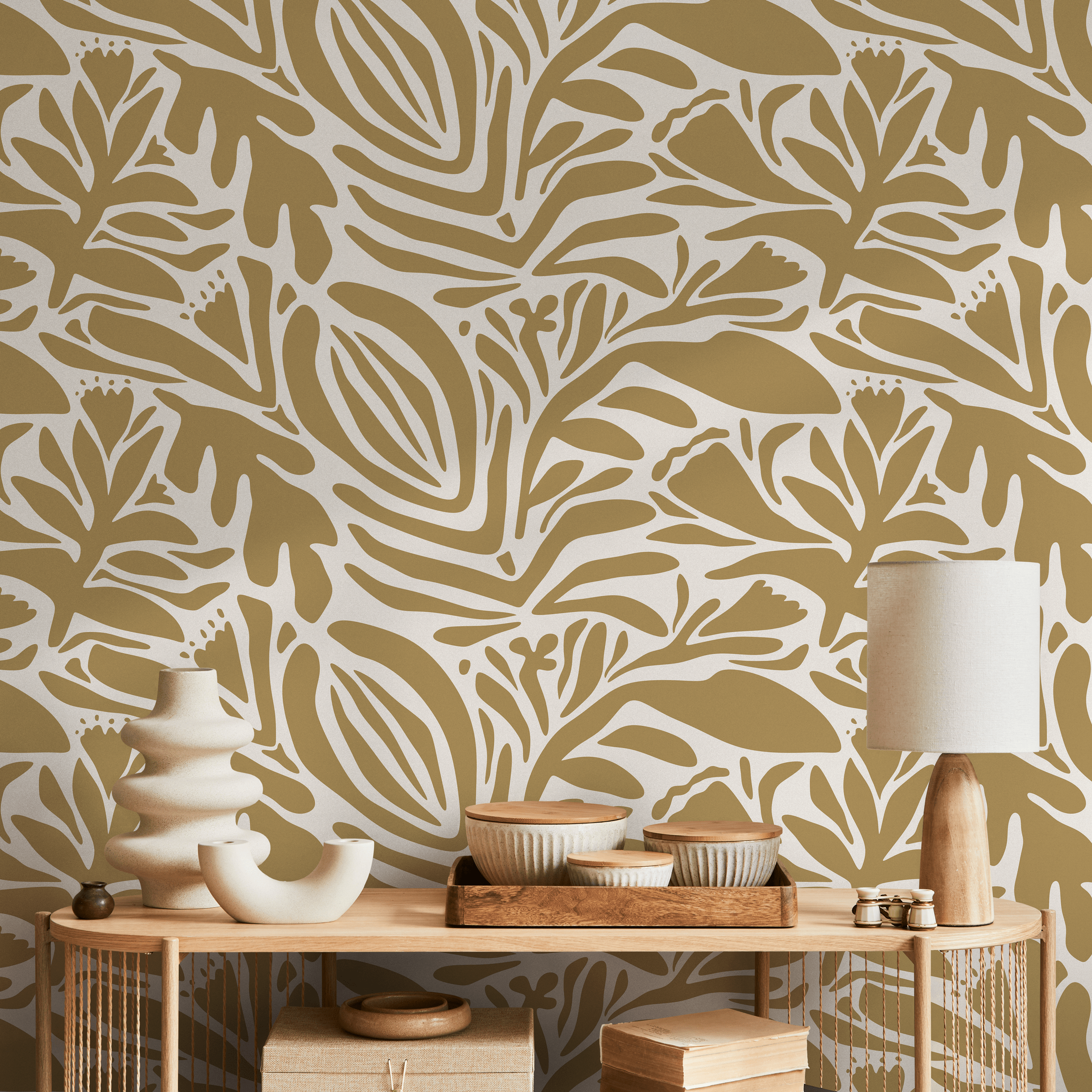 Abstract Wallpaper Featuring Stylized Botanicals In Mustard And Off-white - D702