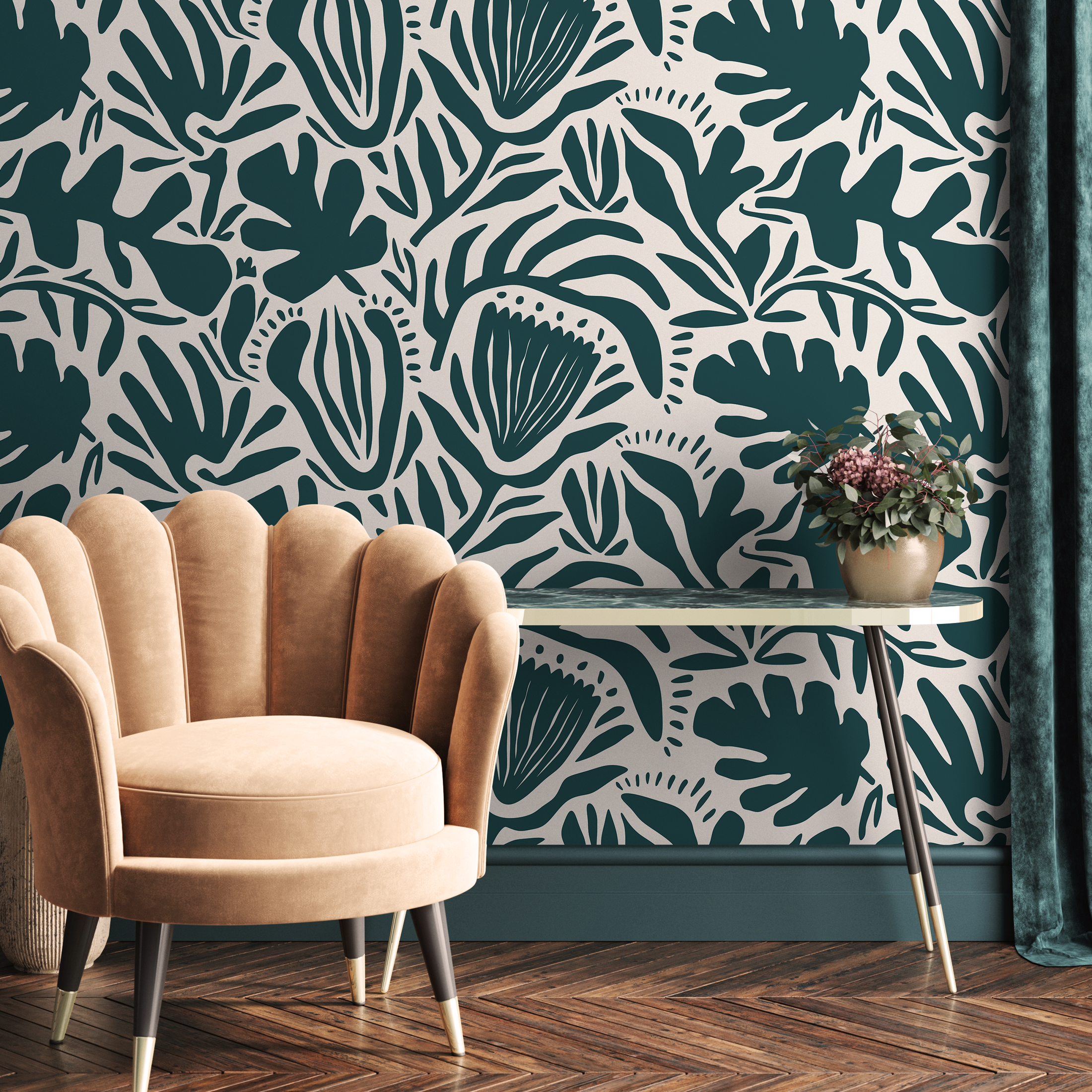 Abstract Floral Wallpaper With Modern Botanical Shapes In Green - D707