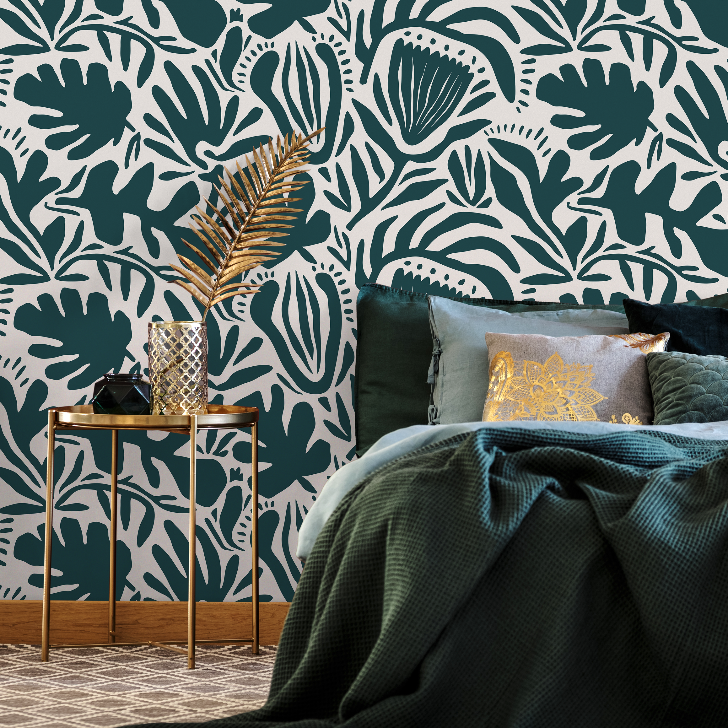 Abstract Floral Wallpaper With Modern Botanical Shapes In Green - D707