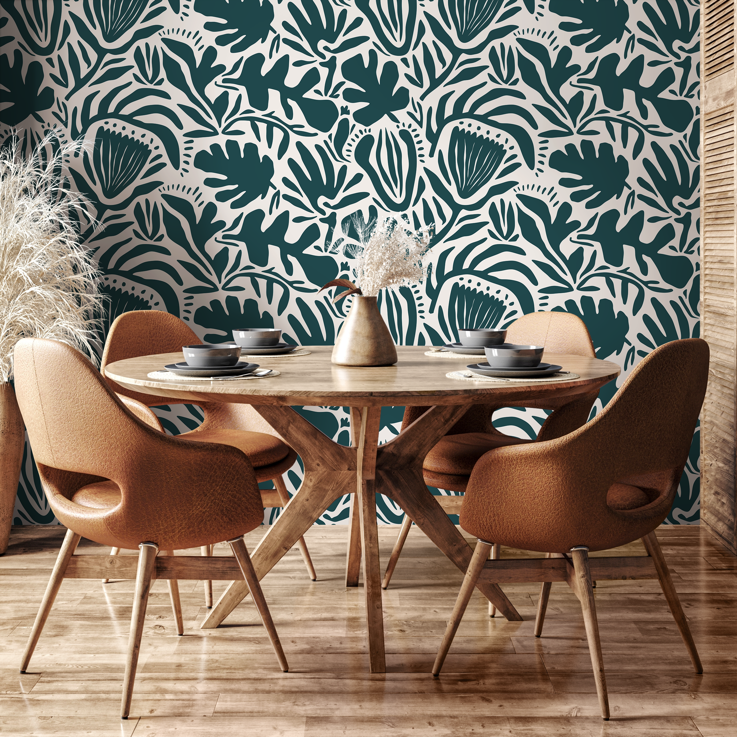 Abstract Floral Wallpaper With Modern Botanical Shapes In Green - D707