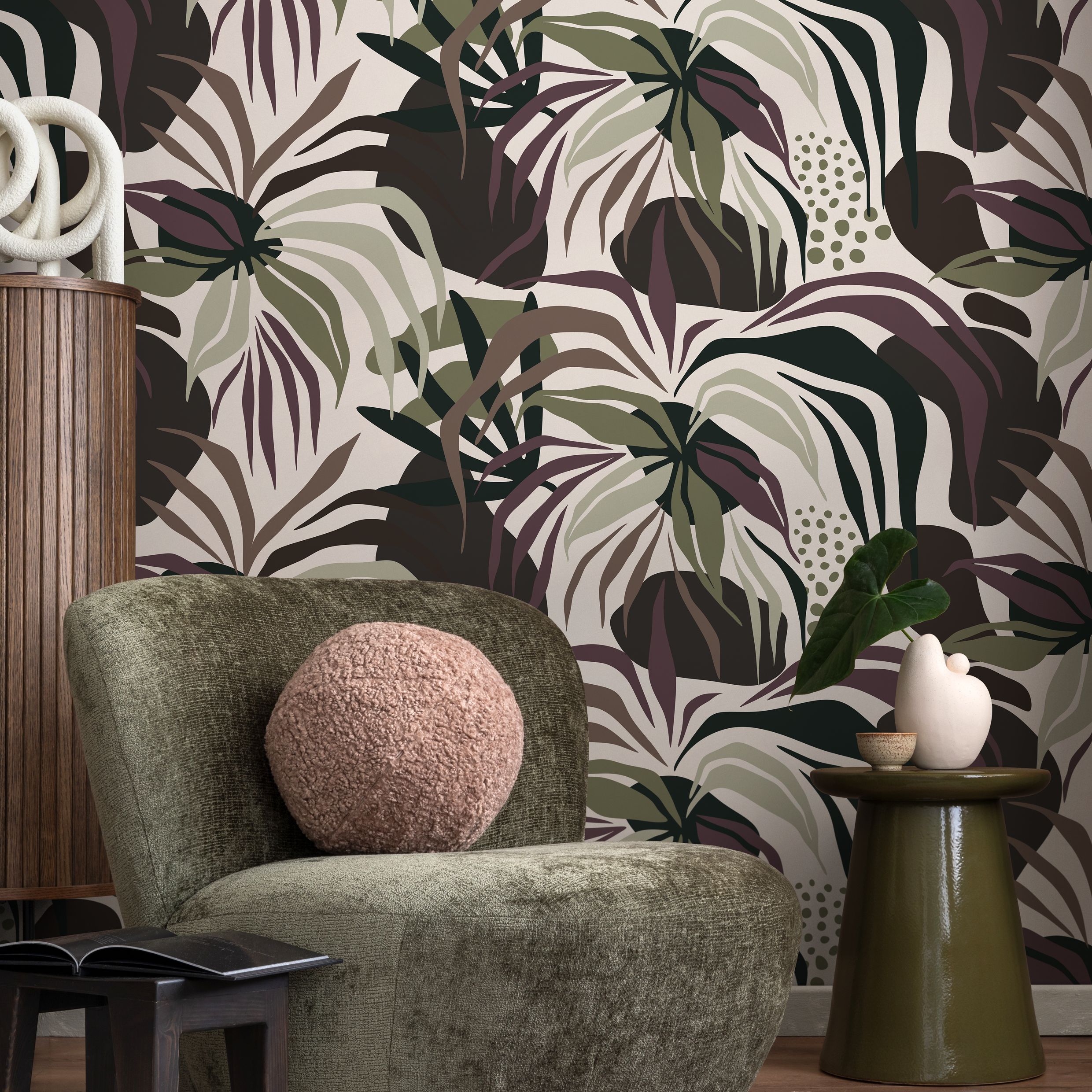 Botanical Wallpaper With Abstract Leaves In Green, Purple, And Brown - D713
