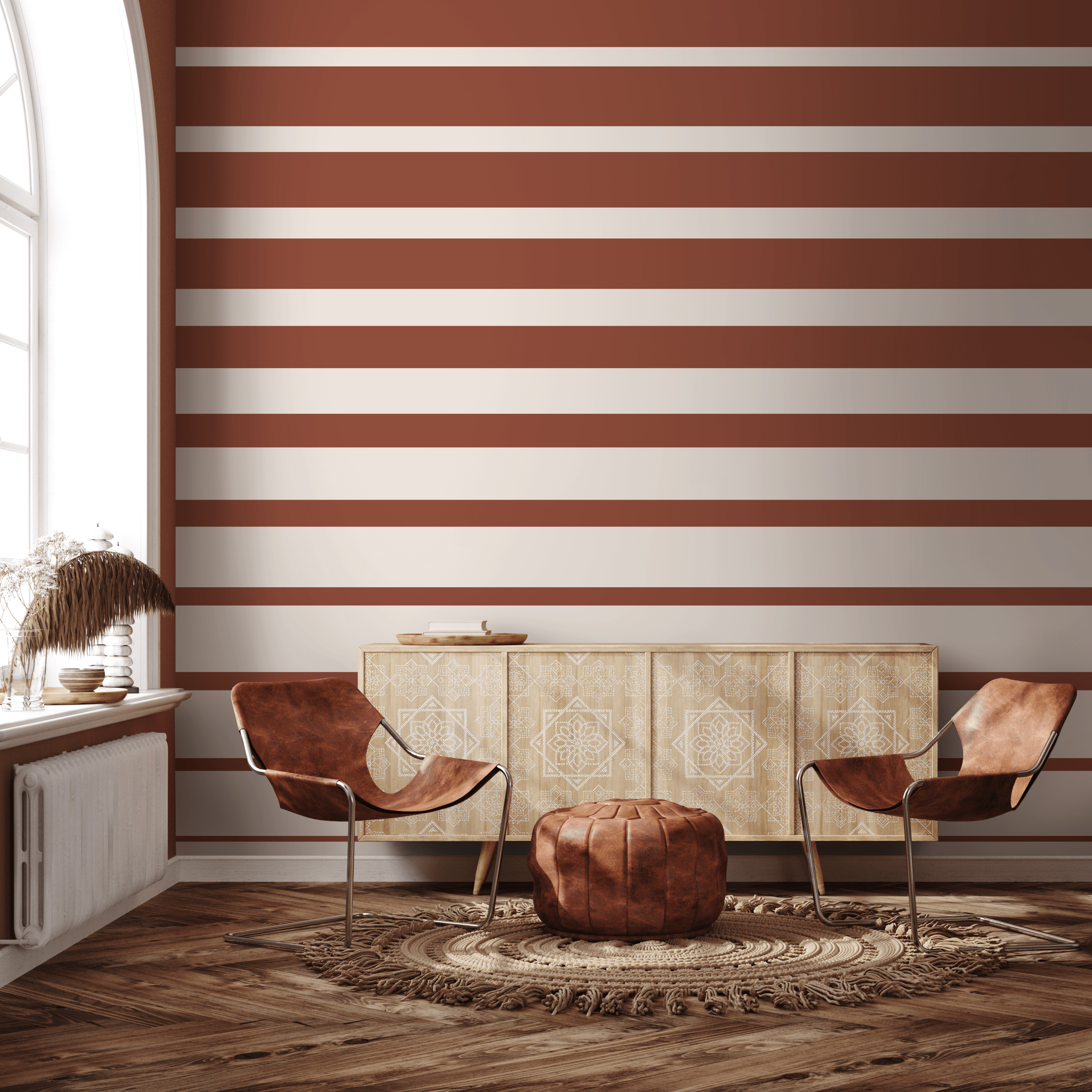 Striped Wallpaper With A Bold Horizontal Motif In Terracotta And Cream - D728
