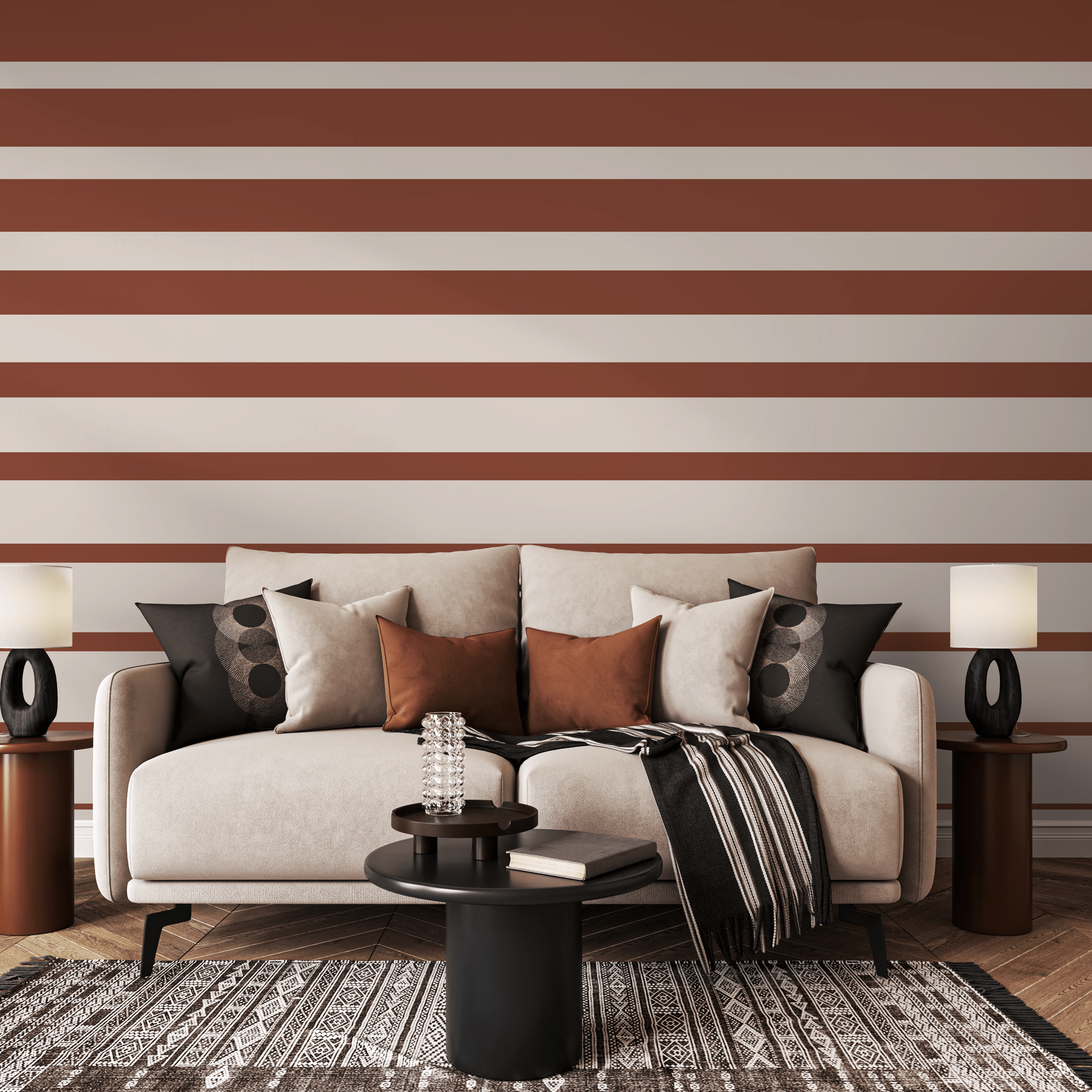 Striped Wallpaper With A Bold Horizontal Motif In Terracotta And Cream - D728
