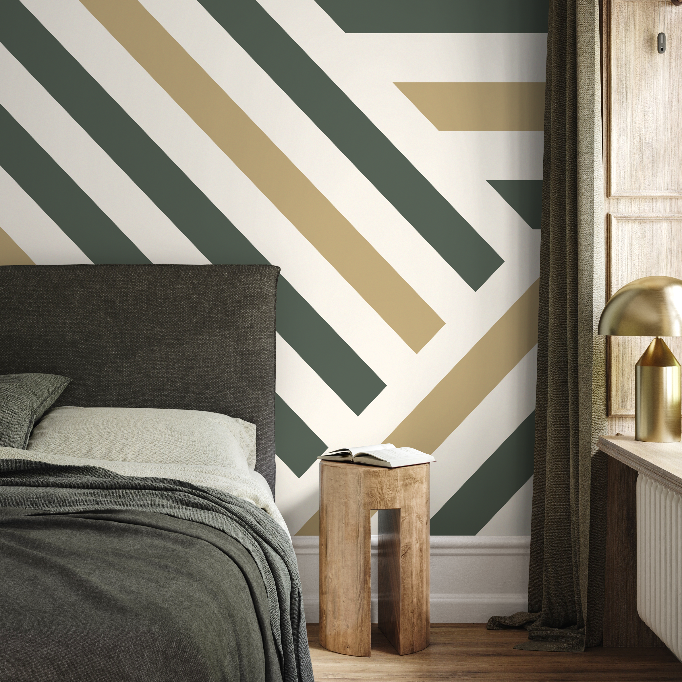 Geometric Wallpaper With Bold Diagonal Stripes In Green And Beige - D732