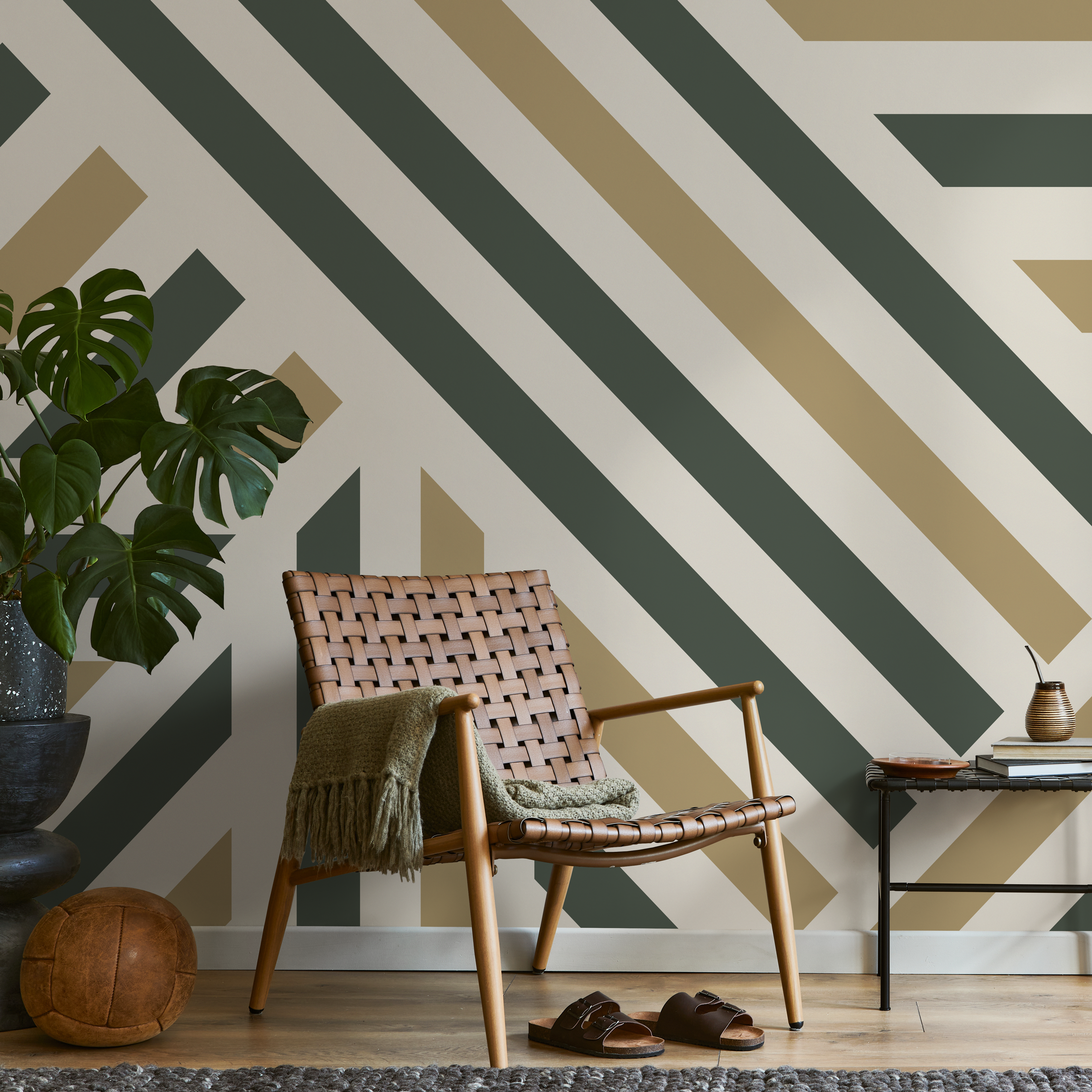 Geometric Wallpaper With Bold Diagonal Stripes In Green And Beige - D732